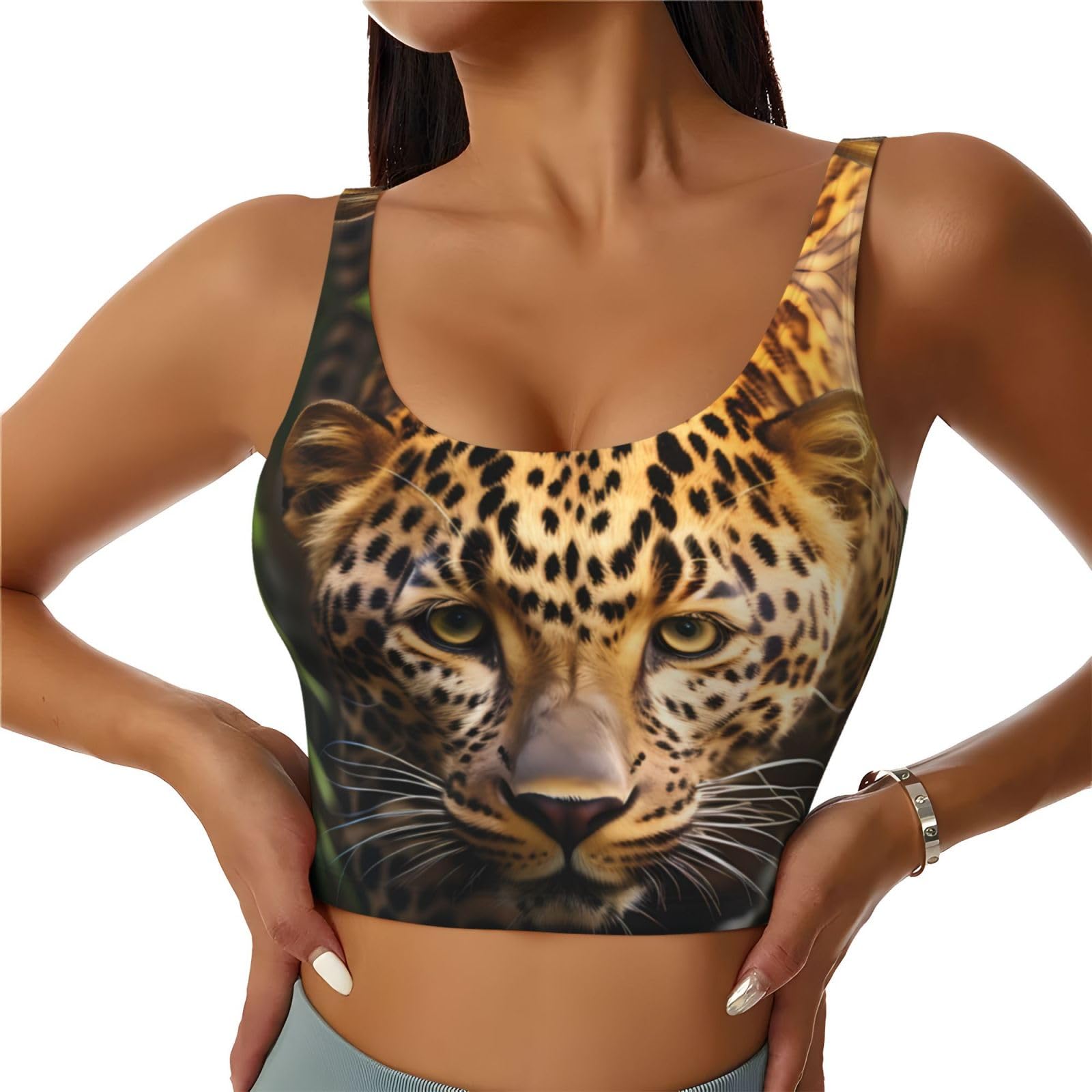 YYHWHJDE Women's Sports Bra Elastic Sports Vest Yoga Tank Top Tops Shirts Quick Dry Fabric Funny Leopard Picture, Black, XXL