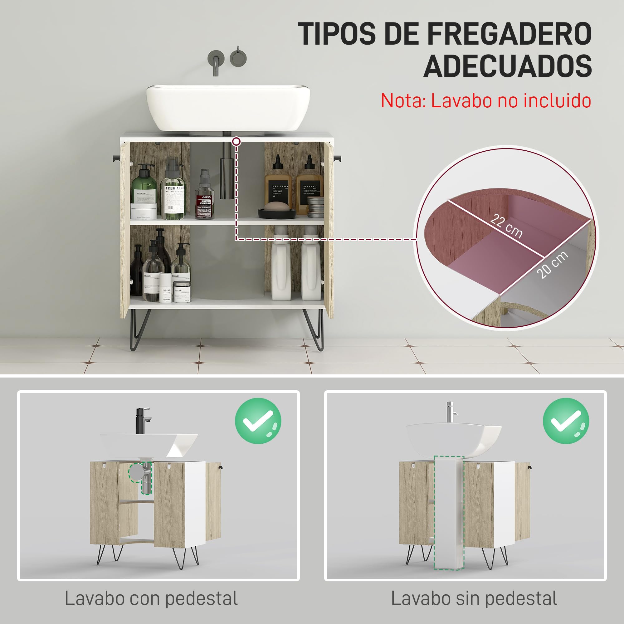 kleankin Mueble para Debajo del Lavabo Madera 60x30x60 cm Roble y Blanco | Armario Bajo Lavabo, Armario de Baño de Suelo, 2 Puertas, Estante, Patas de Acero