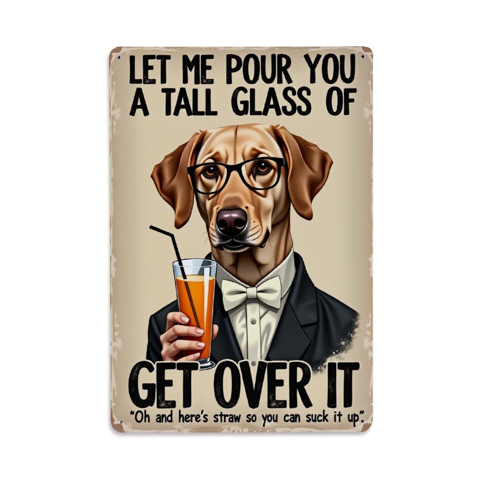Enderetf Vintage Dog With Glasses Holding Drink Tin Sign Metal Poster, Home Bar Garage Man Cave Cafe Indoor & Outdoor Wall Decoration 8X12inches