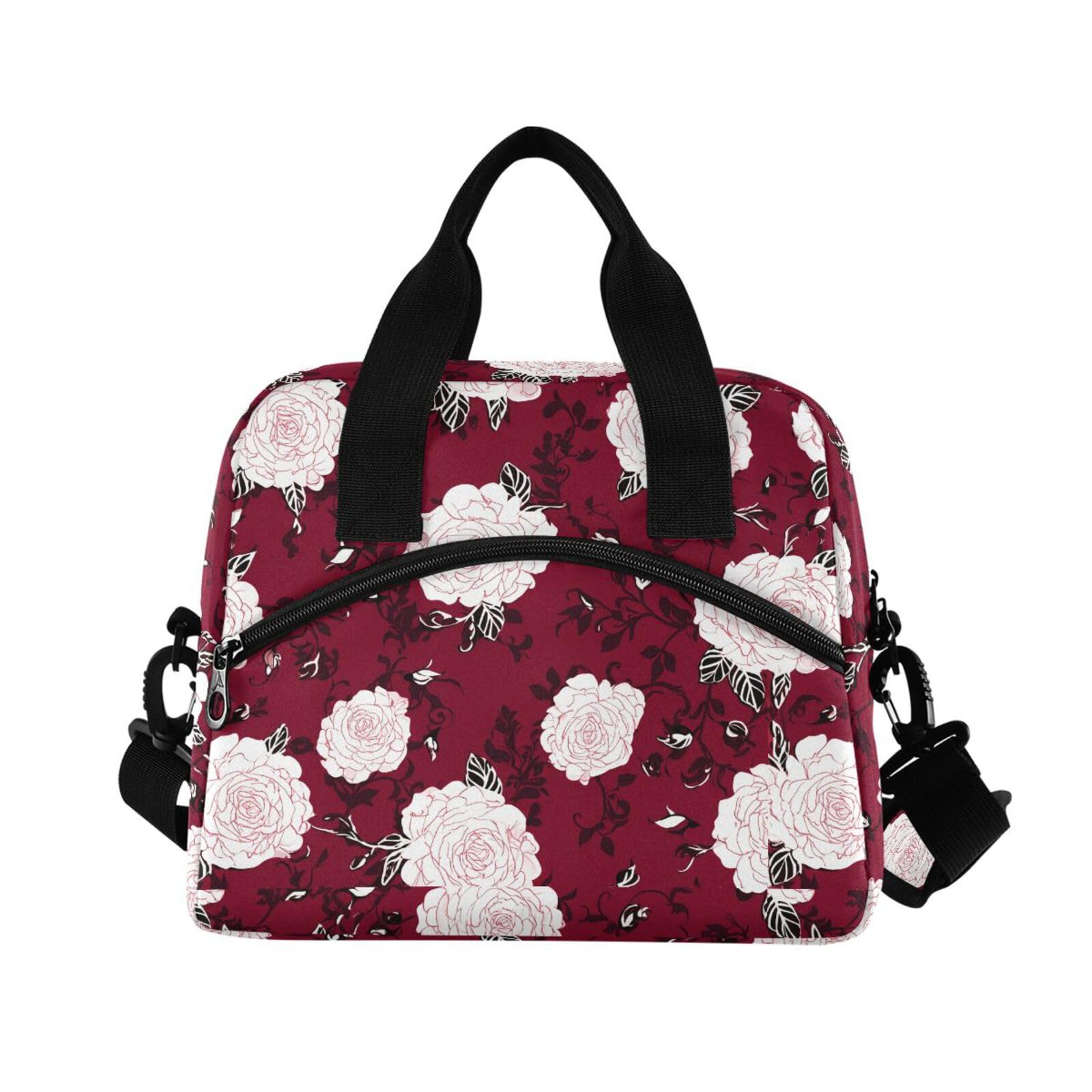 Sinestour Insulated Lunch Bag Reusable Cooler Rose Blossom Red Lunch Box Adjustable Shoulder Strap for Adults School Office