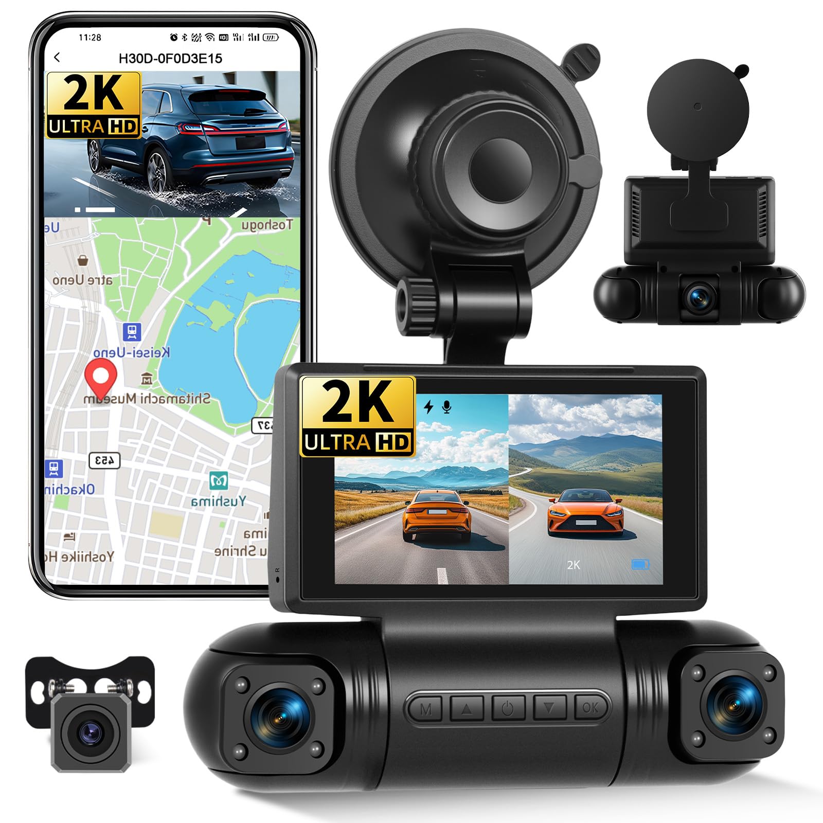 2K Dashcam Avant et Arrière avec APP WiFi, Dashcam Voiture avec Grand Angle 150°, Vision Nocturne, Surveillance du Stationnement, G-Sensor, Enregistrement en Boucle, APP, Aide au recul