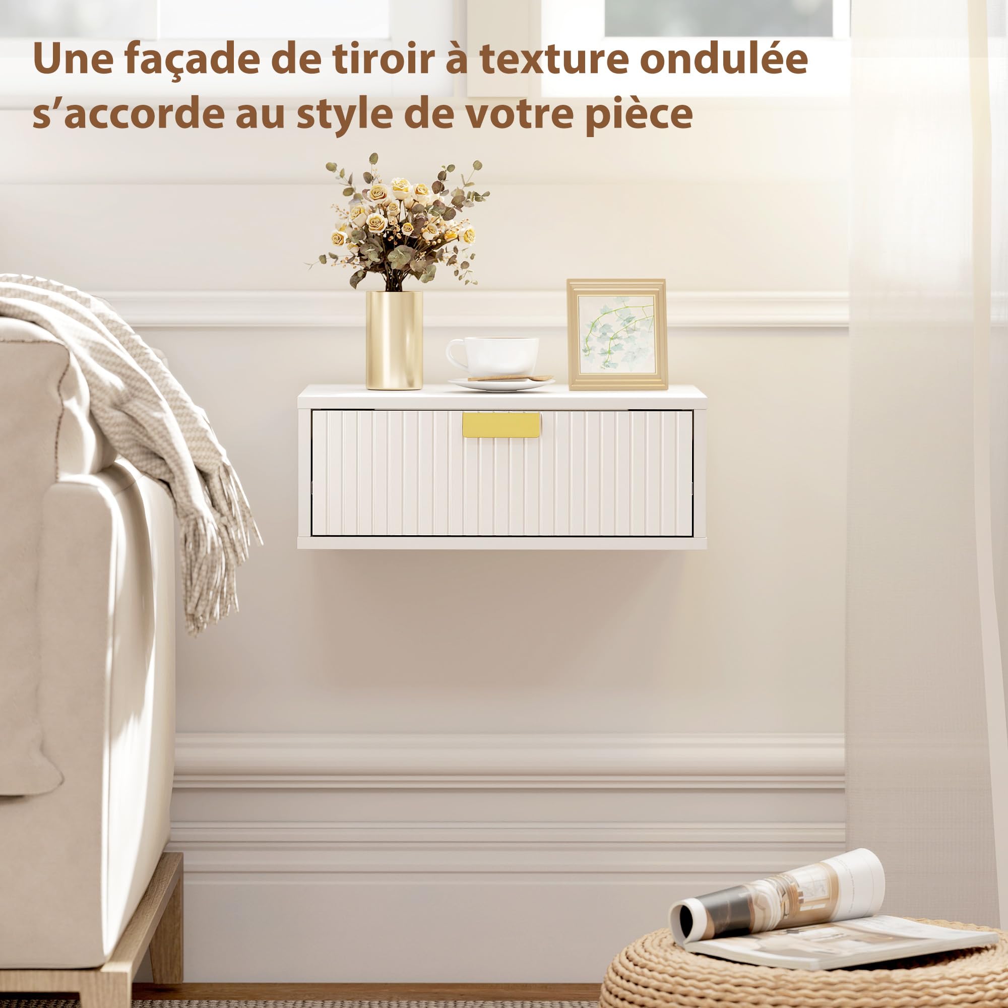 HOMCOM Lot de 2 Tables de Chevet murales, Tables de Nuit suspendues avec tiroir ondulé, Style Moderne, pour Chambre à Coucher, Salon, 40 x 30 x 15 cm, Blanc