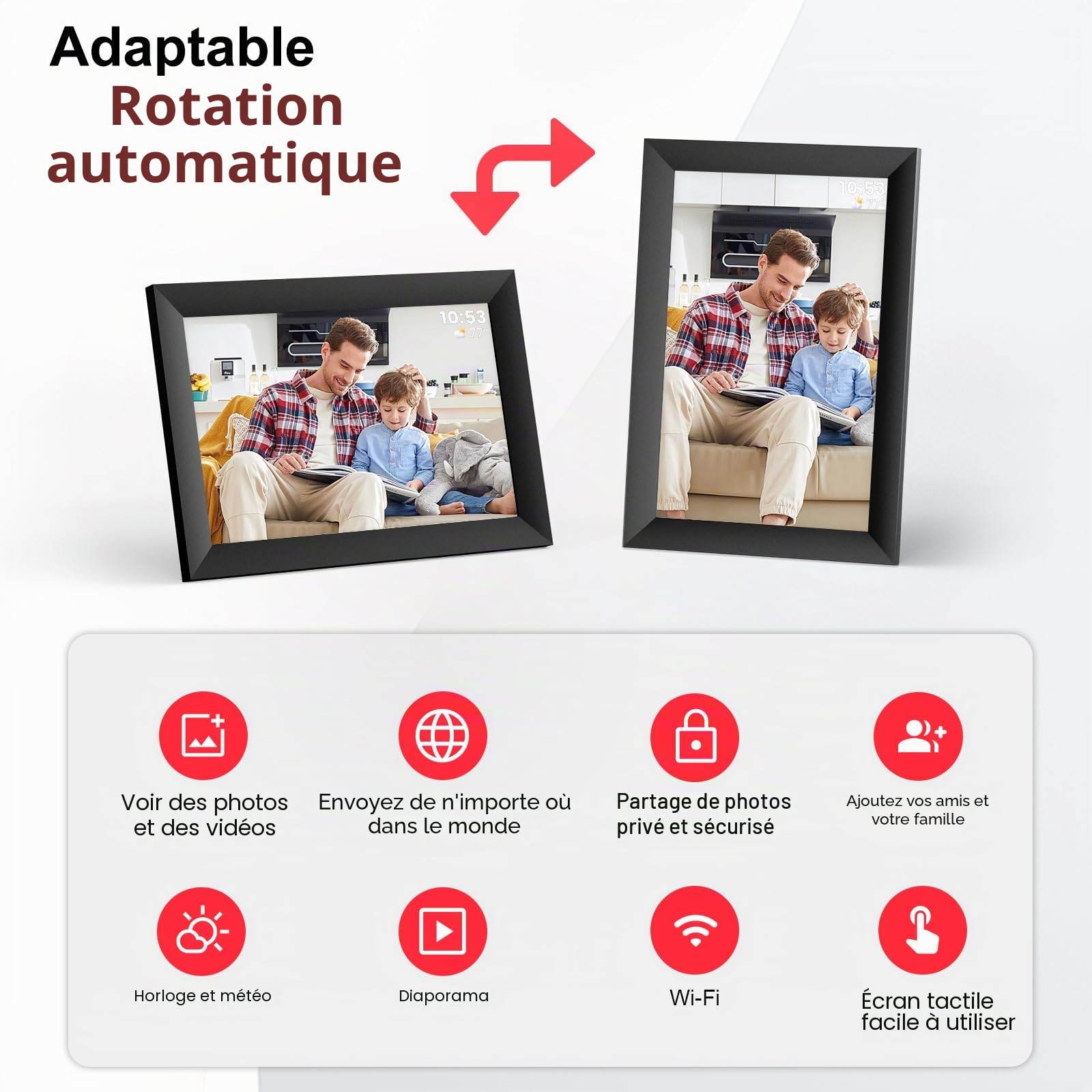 Hesmor 64 Go Cadre Photo numérique Frameo WiFi 10,1", écran Tactile LCD IPS 1280 x 800, Rotation Automatique et Audio, Partage de Photos ou de vidéos Via l'application Frameo n'importe oùn, Noir