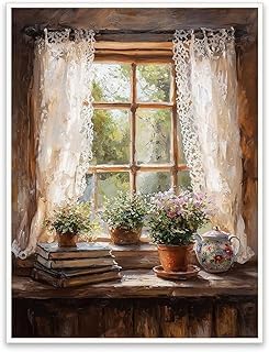 Cozy Window Still Life Wall Art, Cottage Lace Curtain Painting Poster, Potted Flowers Books Teapot Artwork, Rustic Farmhouse Kitchen Living Room Decor Print (Unframe-style, 12x18inch(30x45cm))