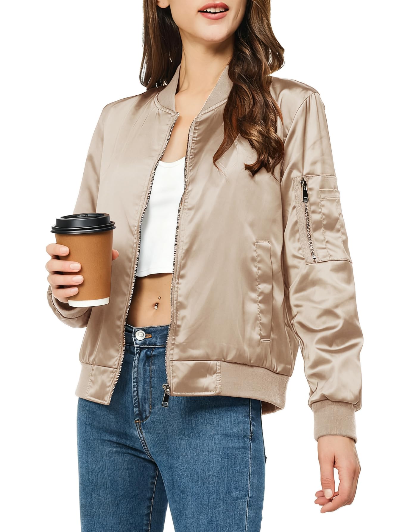 Rasujie Satin-Bomberjacke für Damen, Reißverschluss, Varsity-Jacke, Herbst, Windbreaker, Oberbekleidung mit Taschen