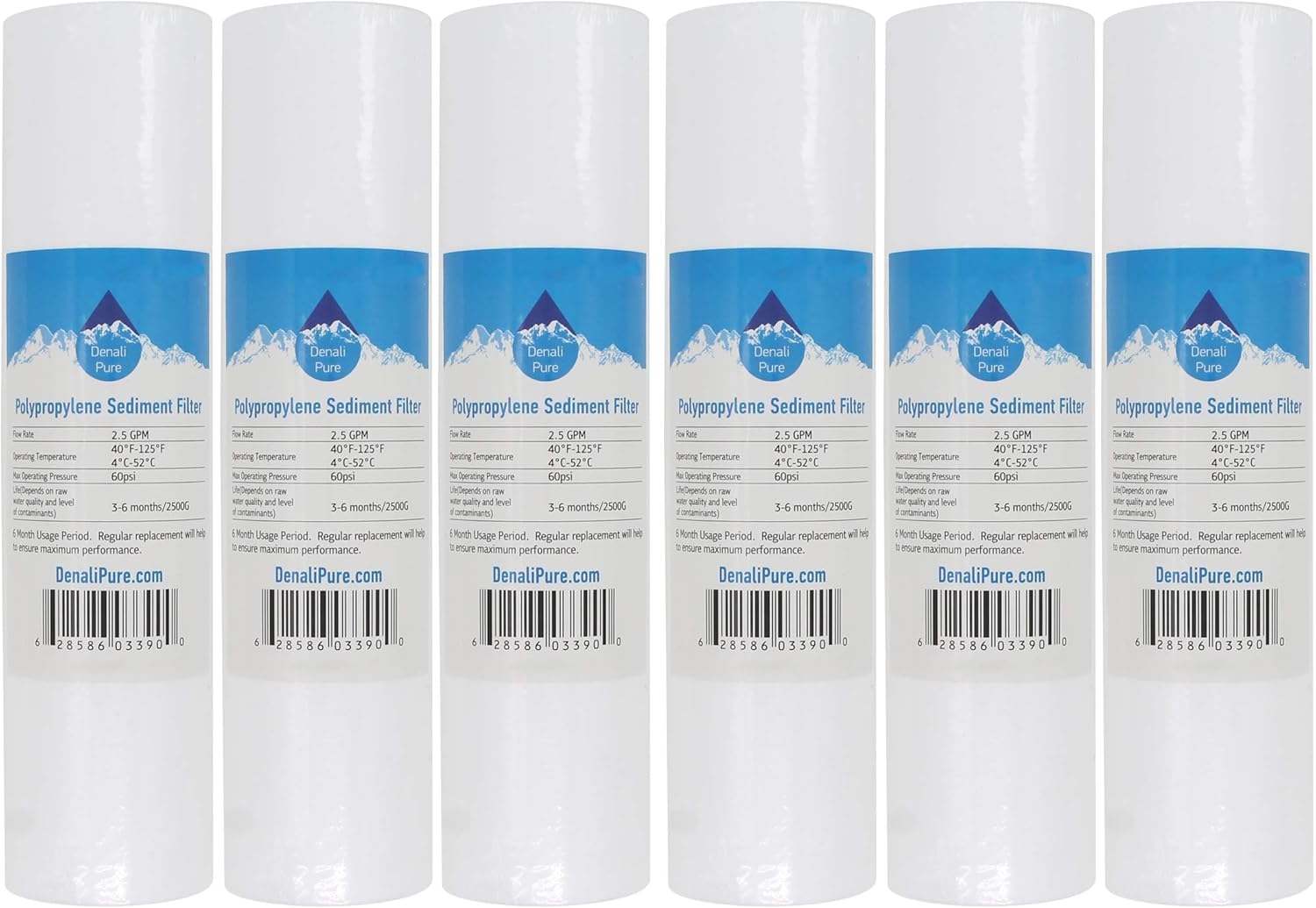 6-Pack Replacement for Aqua Pure AP101T Polypropylene Sediment Filter - Universal 10-inch 5-Micron Cartridge Compatible with Aqua Pure AP101T Whole House Water Filter - Denali Pure Brand