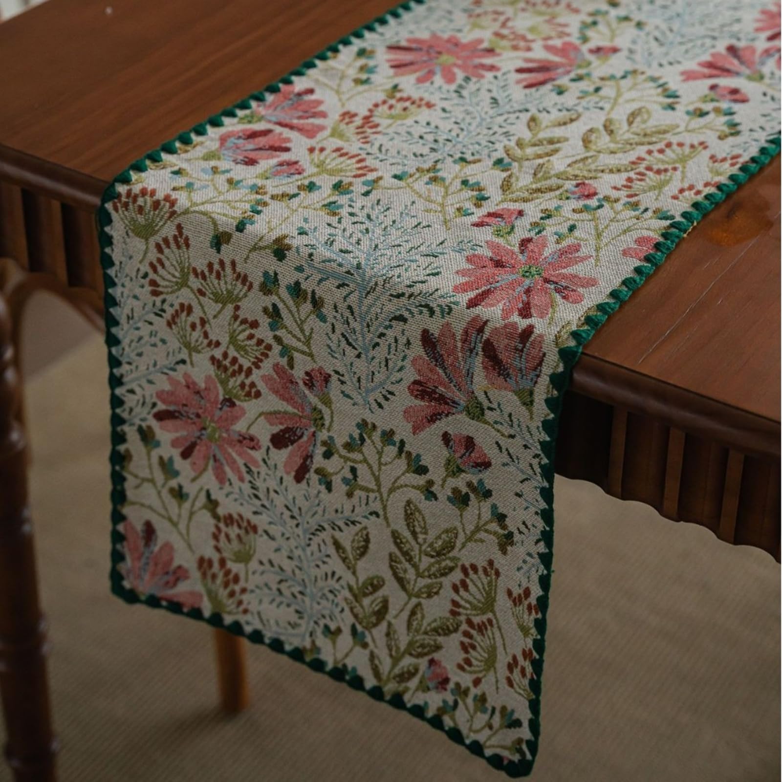 Tischläufer Polybaumwolle Landhausstil, Tischläufer Wohnzimmer 30x275 cm, Jacquard mit Blumen- und Blättermotiv