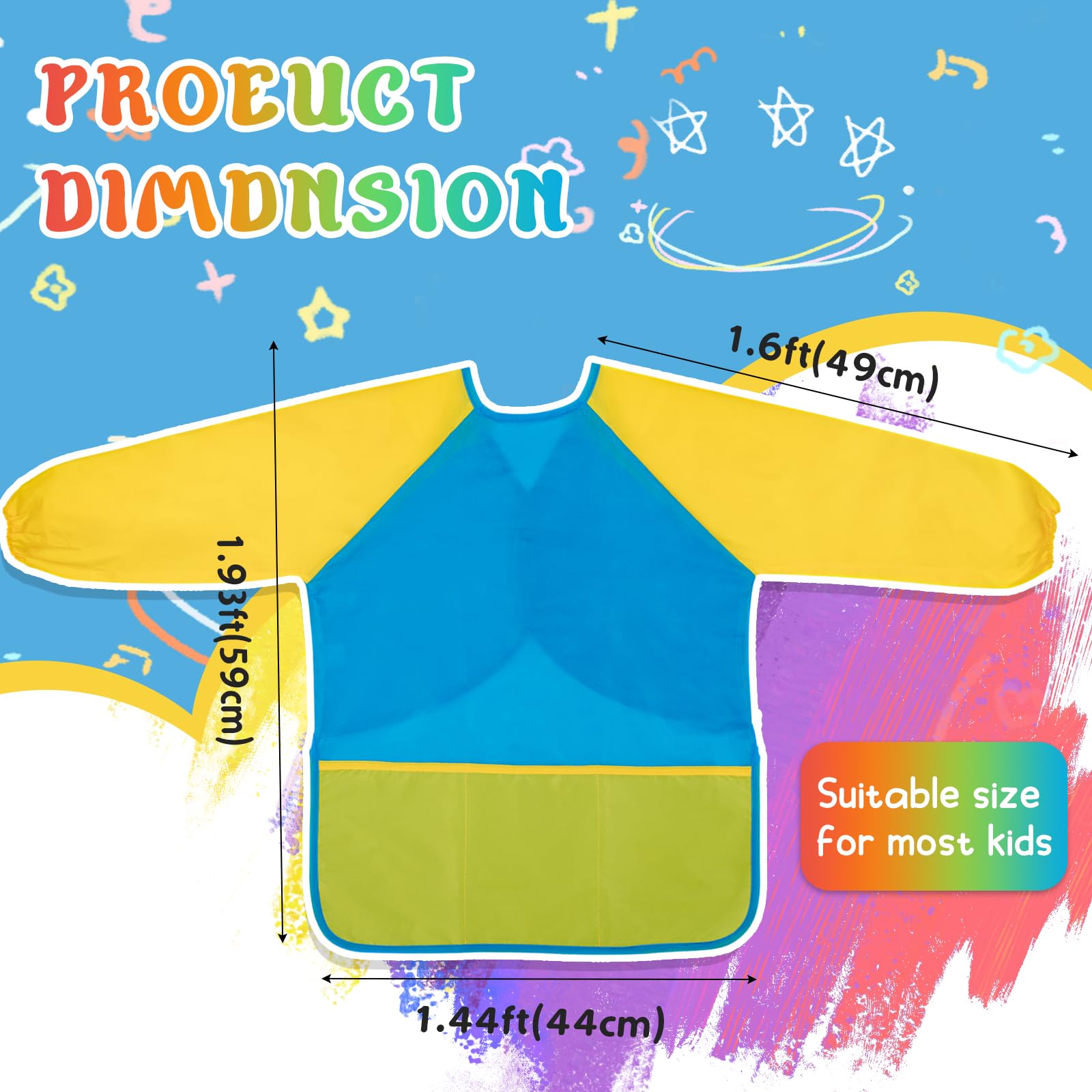 Grembiule da pittura per bambini, impermeabile, con 3 tasche, per bambini dai 3 ai 7 anni
