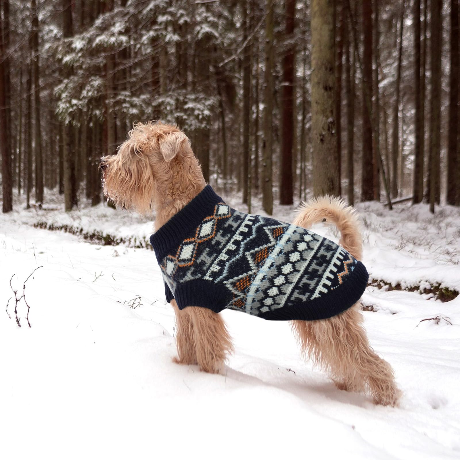 Hundepullover für kleine Hunde – Boho Strickpullover warm & dick für kalte Wintertage | weich & elastisch | mit Geschirröffnung | leicht anzuziehen | Mops Shih Tzu (Marineblau M)