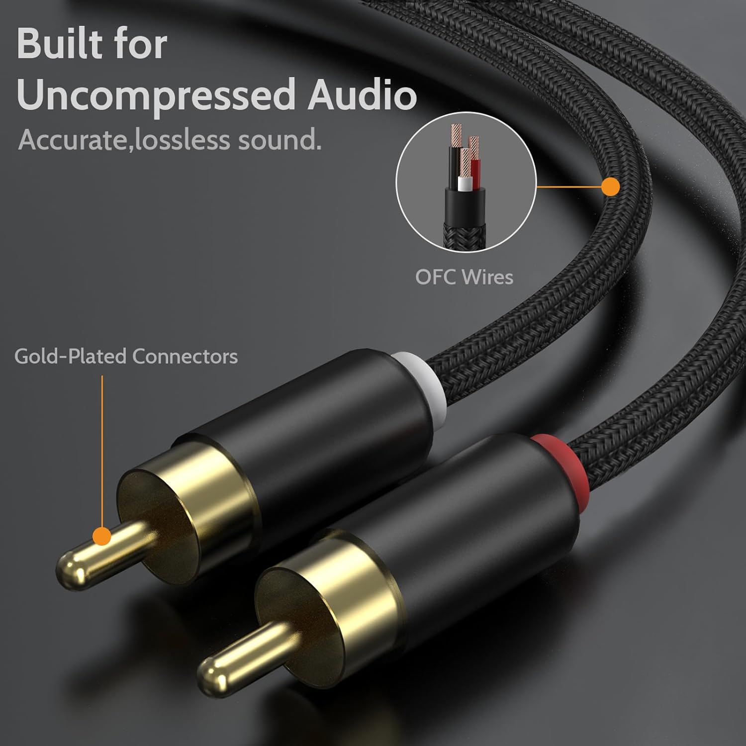 Close-up of gold-plated RCA connectors and OFC wires