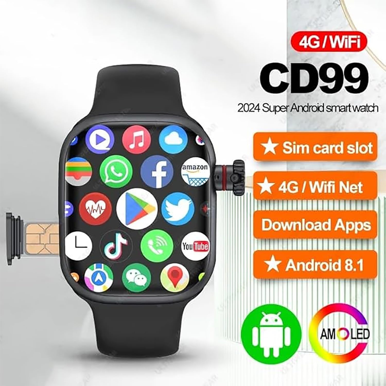 Reloj Inteligente Cd99 S16 4g, Reloj Deportivo, Pantalla Amoled Grande De 2,26" con Cámara Giratoria De 180 Grados Y Batería Interna De 1380 Mah, Resolución De 490 * 580