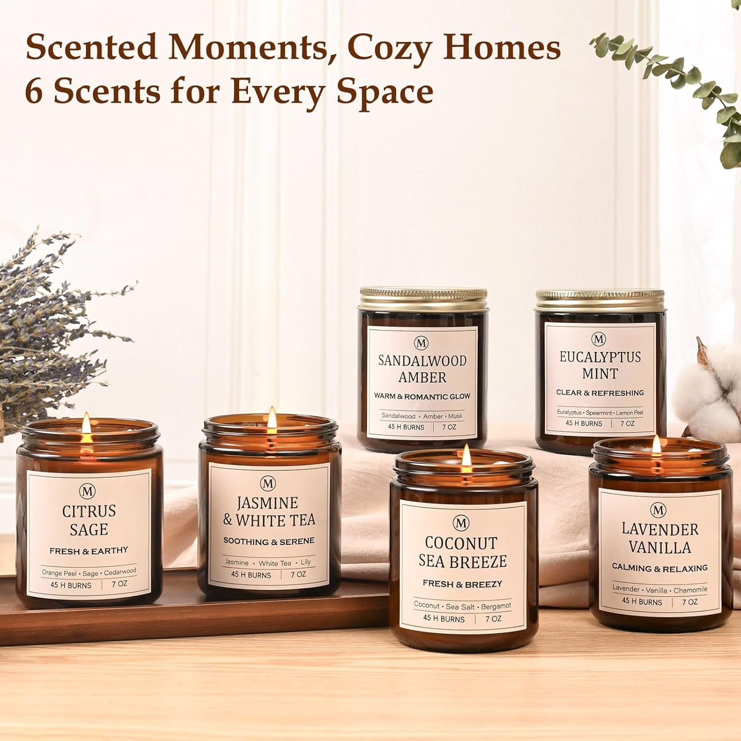 6-Pack Scented Soy Candle Set – Lavender Vanilla, Eucalyptus, Sandalwood, Jasmine & White Tea, Coconut, Sage | Natural Soy Wax Spring Summer Aromatherapy Candles for Home, Vacation, Relaxation & Spa - Image 5