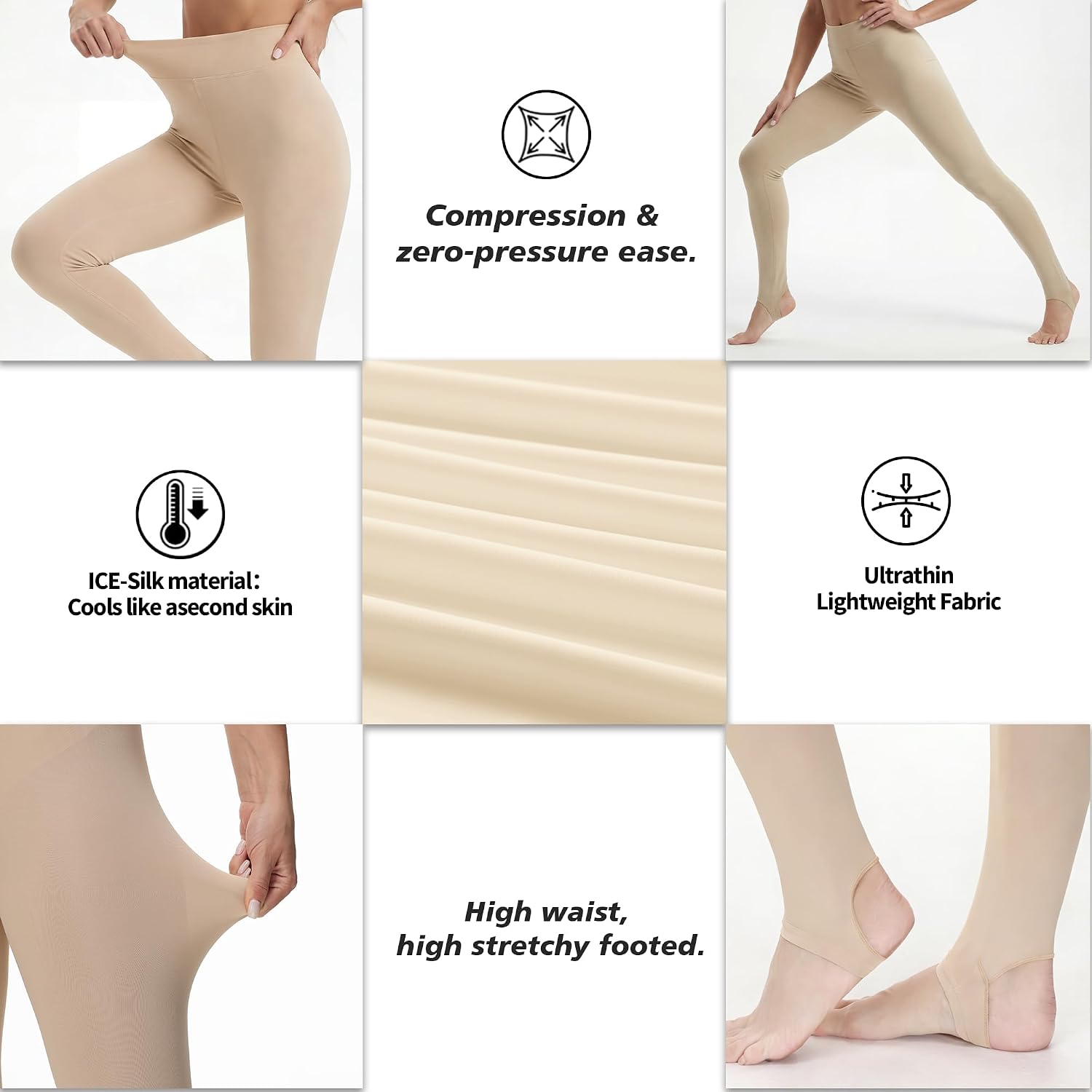 Cooling Leggings for Women, UPF50+ UV Sun Protection Lightweight Stirrup Tights Under Dress Thin Silky Lining Leggings