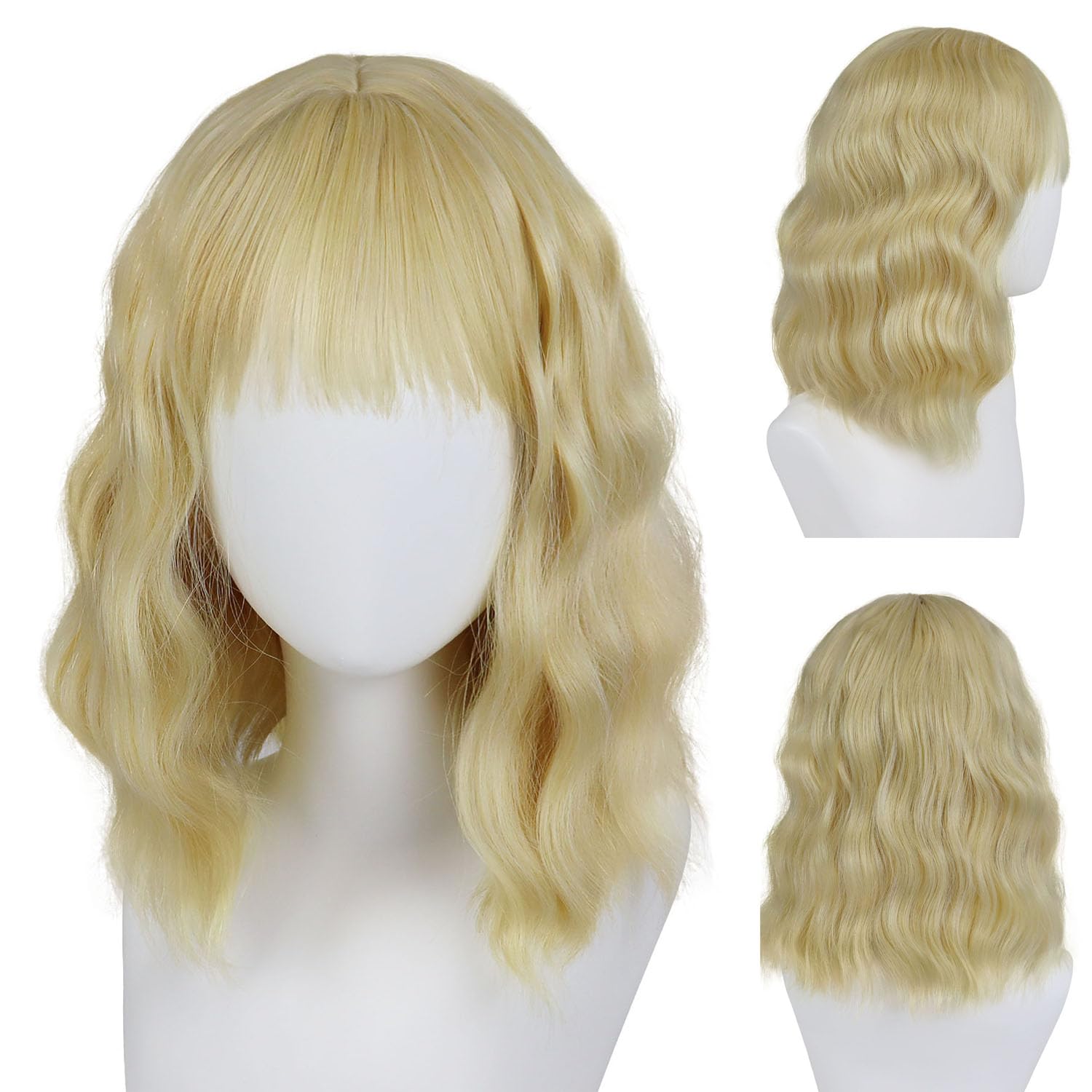 Photo 1 of GNIMEGIL 14 inch Yellow Blonde Wavy Wig with Bangs Short Curly Blonde Cosplay Wigs for Women Girls Synthetic Bob Wig Halloween Costume Party