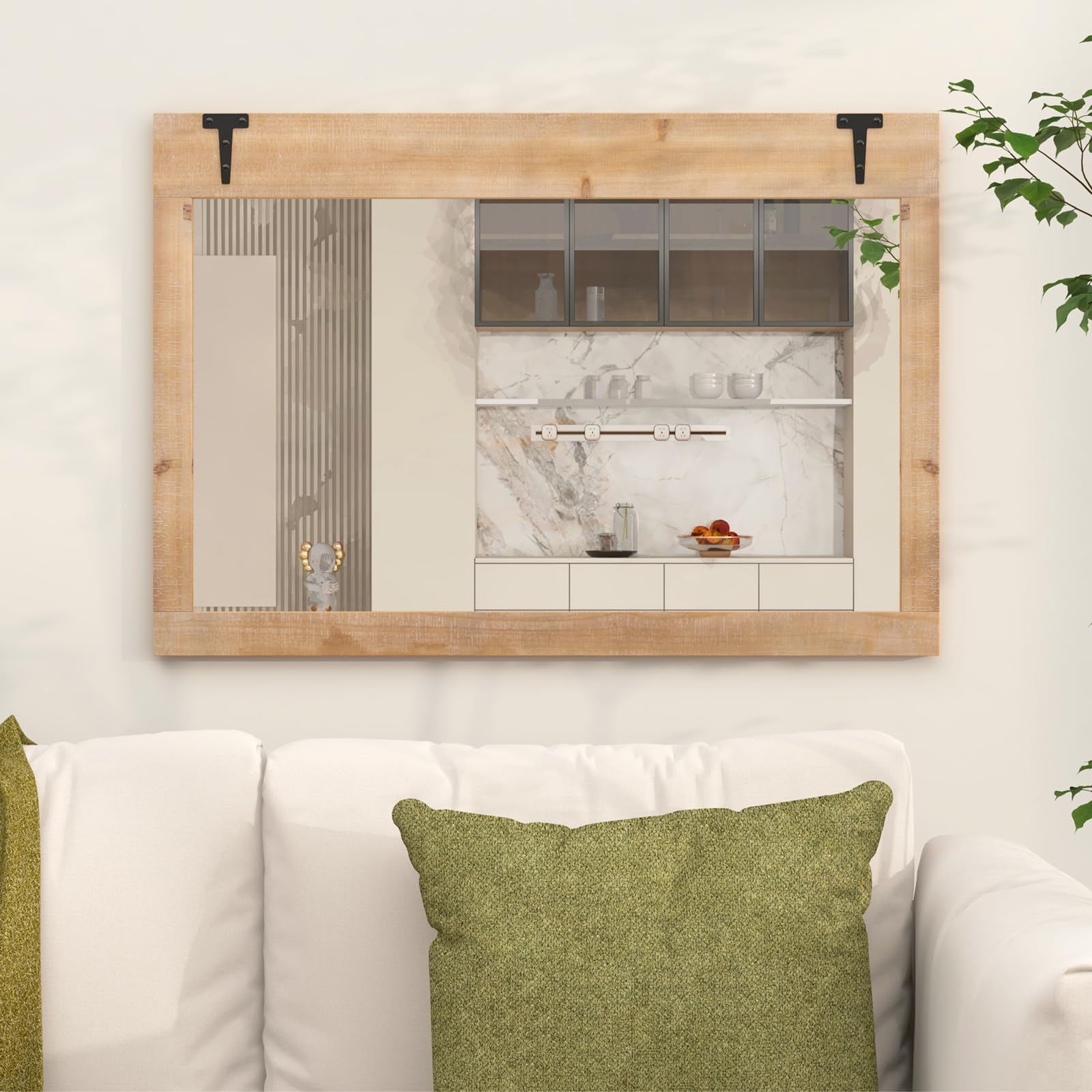 LIFEZEAL Miroir Mural Rectangulaire 97 x 67 cm avec Cadre en Bois de Sapin | Miroir Décoratif avec Crochets en Métal, Style Rustique, pour Chambre, Salon, Entrée, Naturel