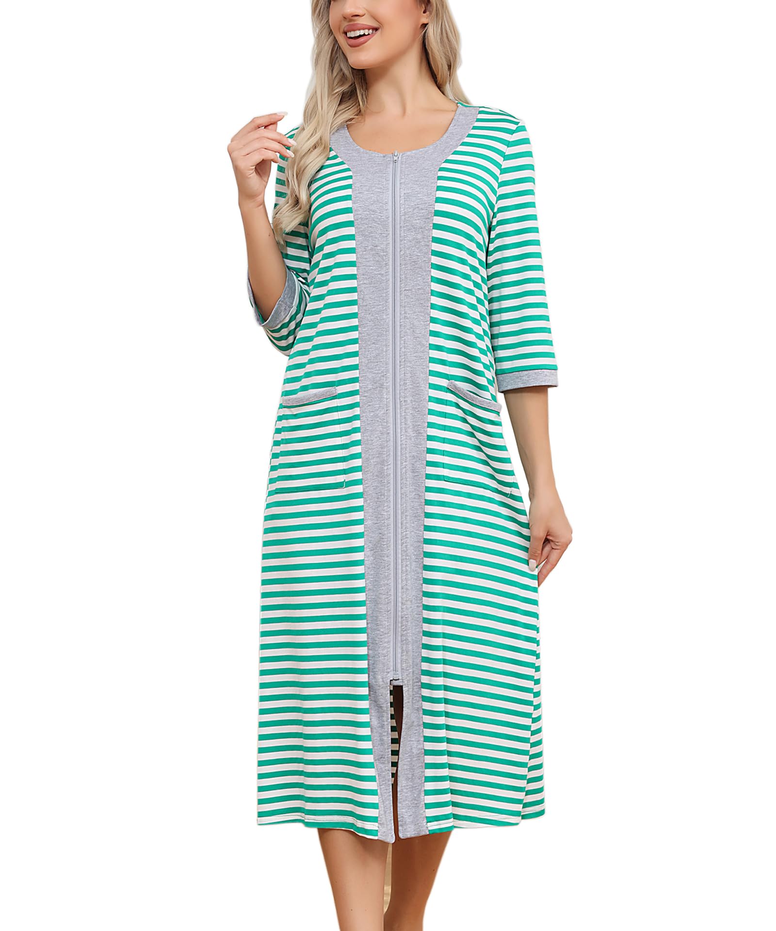 Citridarll Women's Stripe Green Robes Zipper Front Nightgown Half Sleeve House Dress Full Length Duster Housecoat With Pockets Loungewear, XX-Large