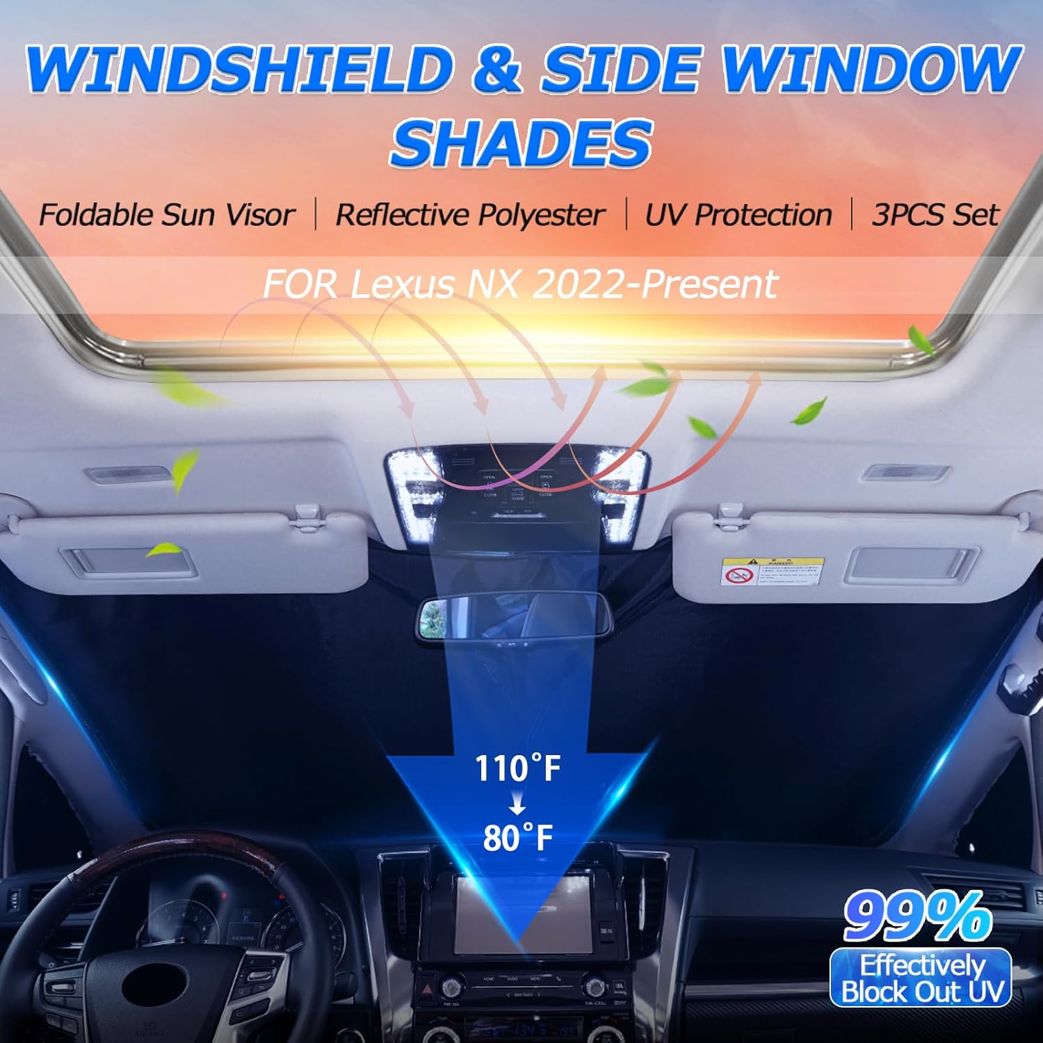 Karltys 3PCS Windshield Sun Shade for 2022-2025 Lexus NX NX250 NX350 NX350h NX450h+, Front and Side Window Sunshade Cover Custom Fit Lexus NX, Foldable Sun Visor Protector Blocks Heat UV Rays
