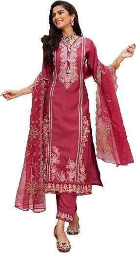 INDO ERA Women's Silk Blend Embroidered Straight Kurta Pant with Dupatta (Ieout6967)