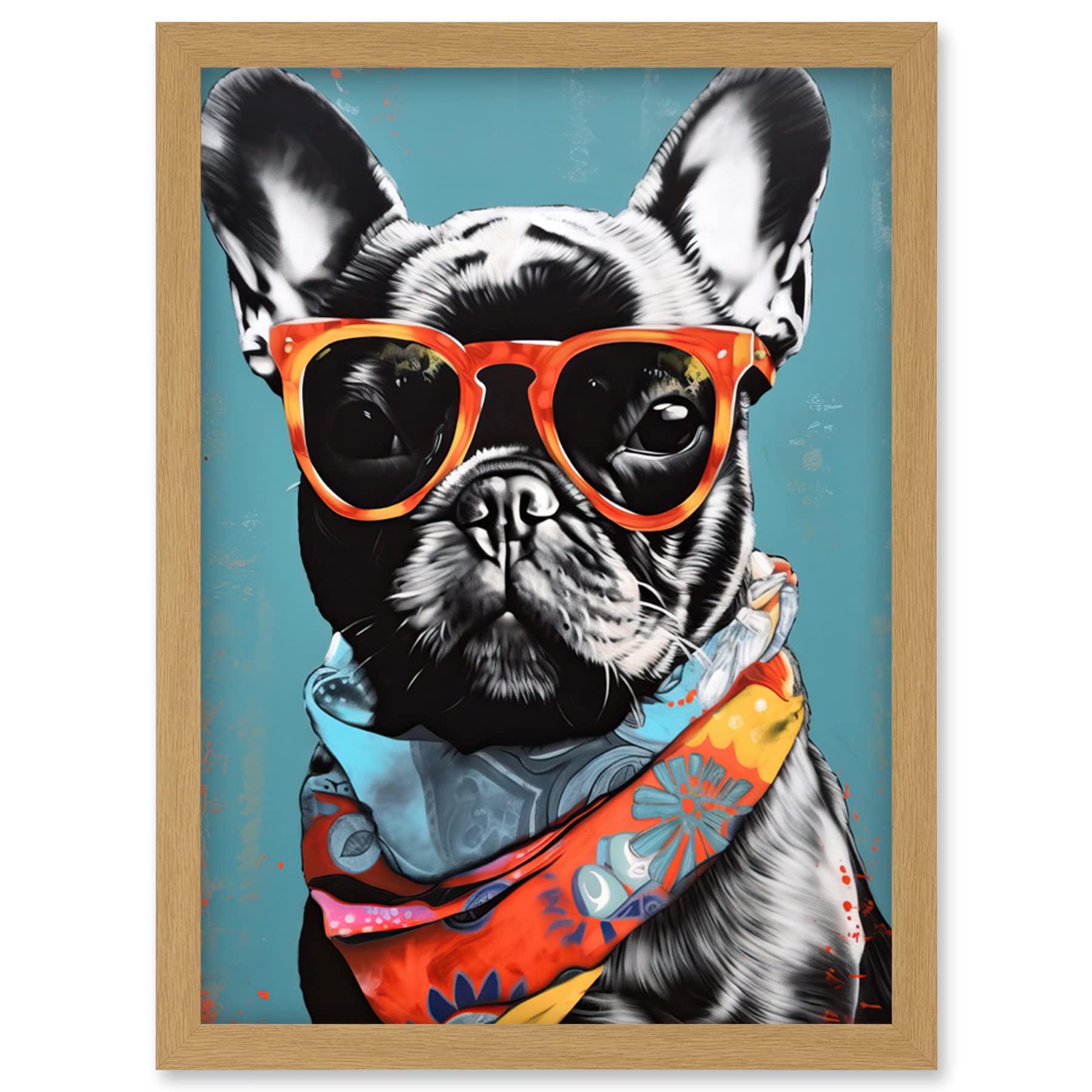 Artery8 English Bulldog Wearing Bandana and Sunglasses Artwork Framed Wall Art Print A4