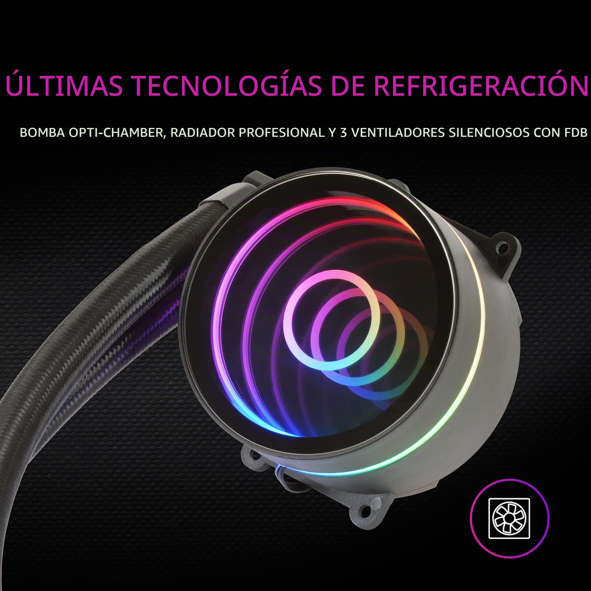 Mars Gaming ML-ONE360, Refrigeración Líquida CPU, TDP 550 W, Espejo Infinito, 3 Ventiladores FRGB Silenciosos, Multisocket Universal, Negro
