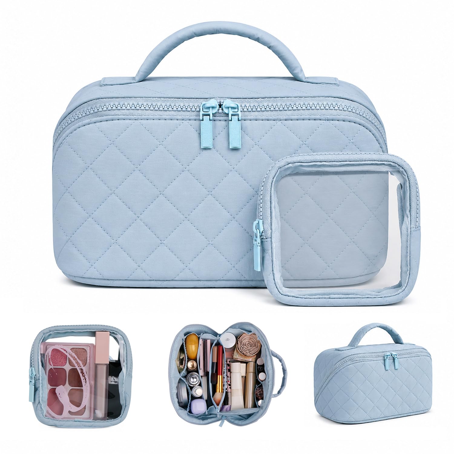 Batfield Makeup Pouch Bag for Women, 2Pcs Waterproof Puffer Set with 180° Flat Open, Travel Large Capacity Makeup Bag for Women with Brush Compartment & Handle for Vacation, Business Trip (Blue)-image-43