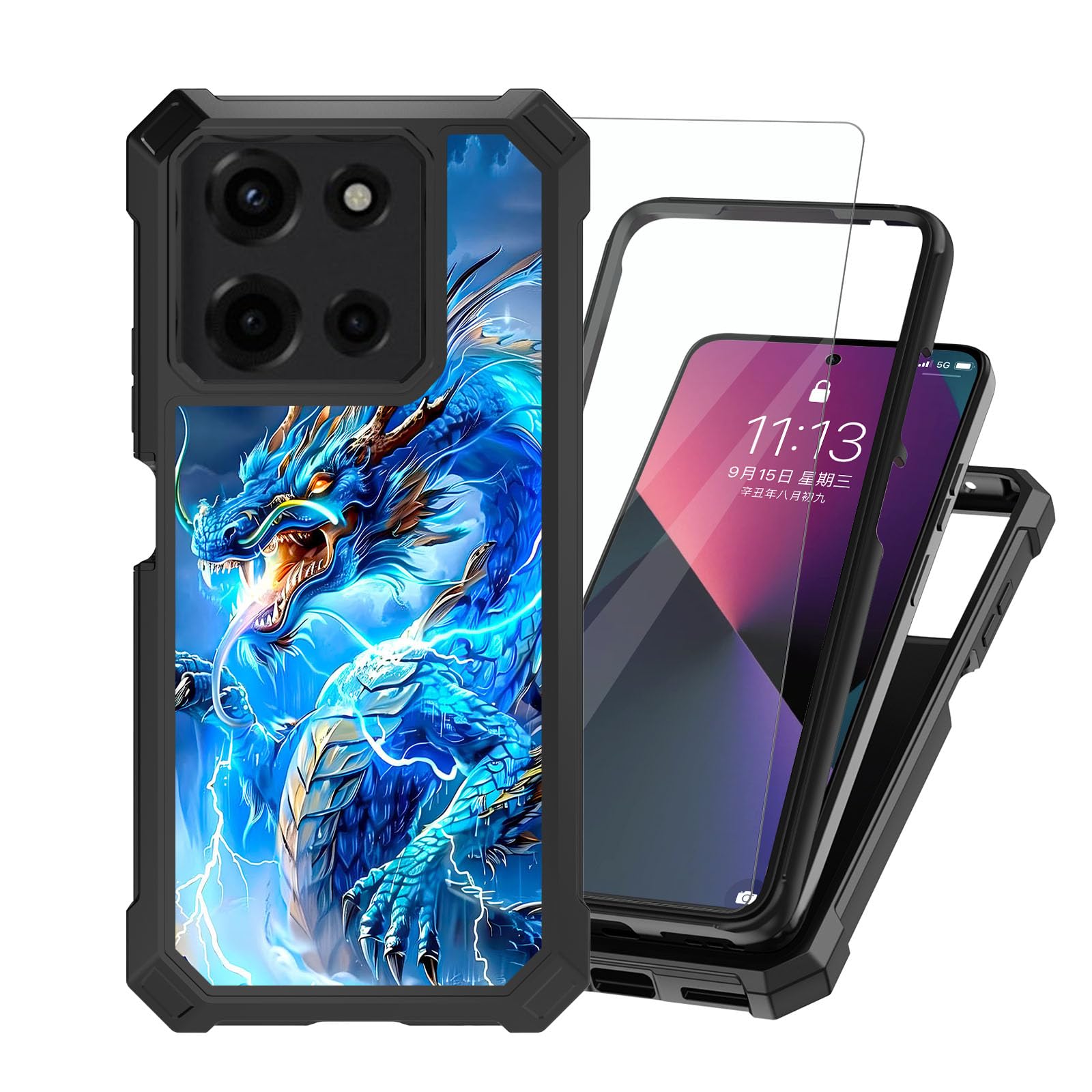 ETLKJVBL for Moto G 5G 2025 Case with Tempered Glass Screen Protector - Military Grade Shockproof Dual Layer Protection for Style-Conscious Men and Women, Thunder Dragon