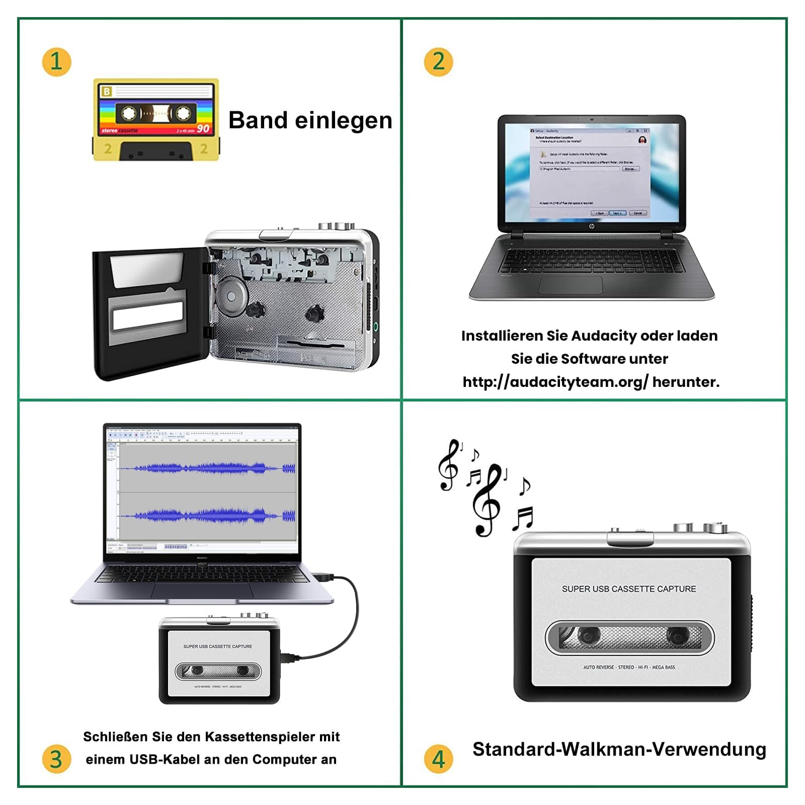 Reshow Lecteur de Cassettes Portable Enregistrement de Musique Audio MP3 Via USB - Convertir Les Cassettes à Bande en Format MP3