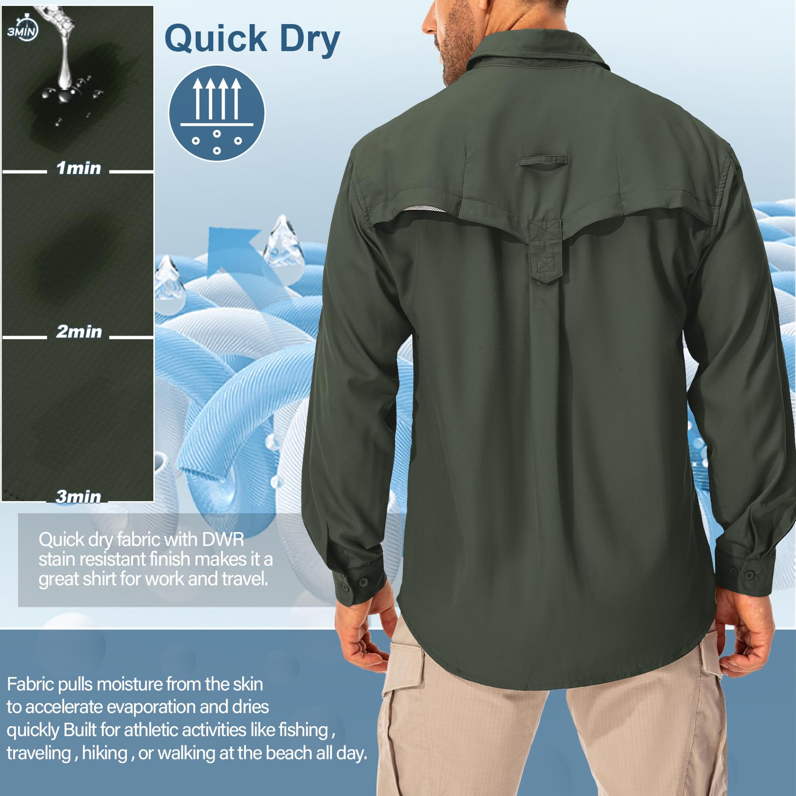 Camisa para hombre Safari UPF50+ protección UV, camisa de senderismo de manga larga, camisa funcional para exteriores, transpirable, de secado rápido, informal, con botones