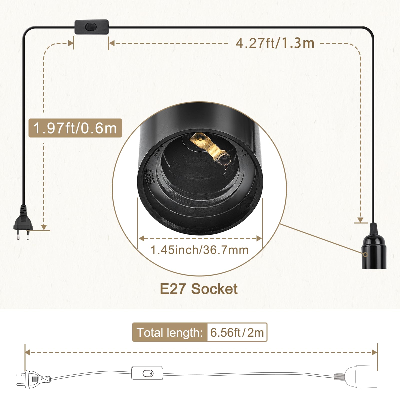 DiCUNO Oprawa lampy E27 z przełącznikiem, gwint E27 z kablem sieciowym 2 m i wtyczką EU, do zawieszenia lamp, lamp wiszących, lamp sufitowych, projektów DIY, czarna, 1 sztuka