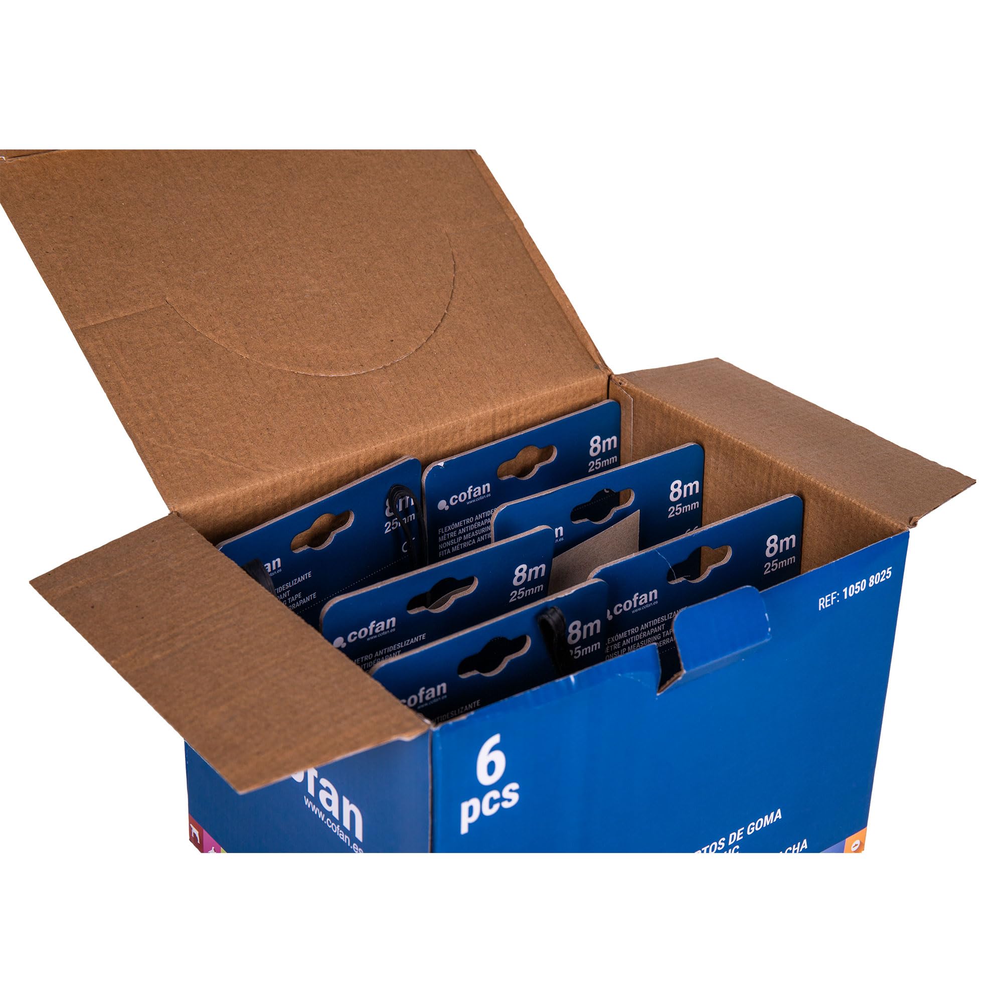 Cofan Espositore per Flexometri con protezione in gomma di Cofan | Include 6 flessometri | Flexometro da 5, 8 o 10 m x 25 o 32 mm (foglio) (6, 8 m x 25 mm)