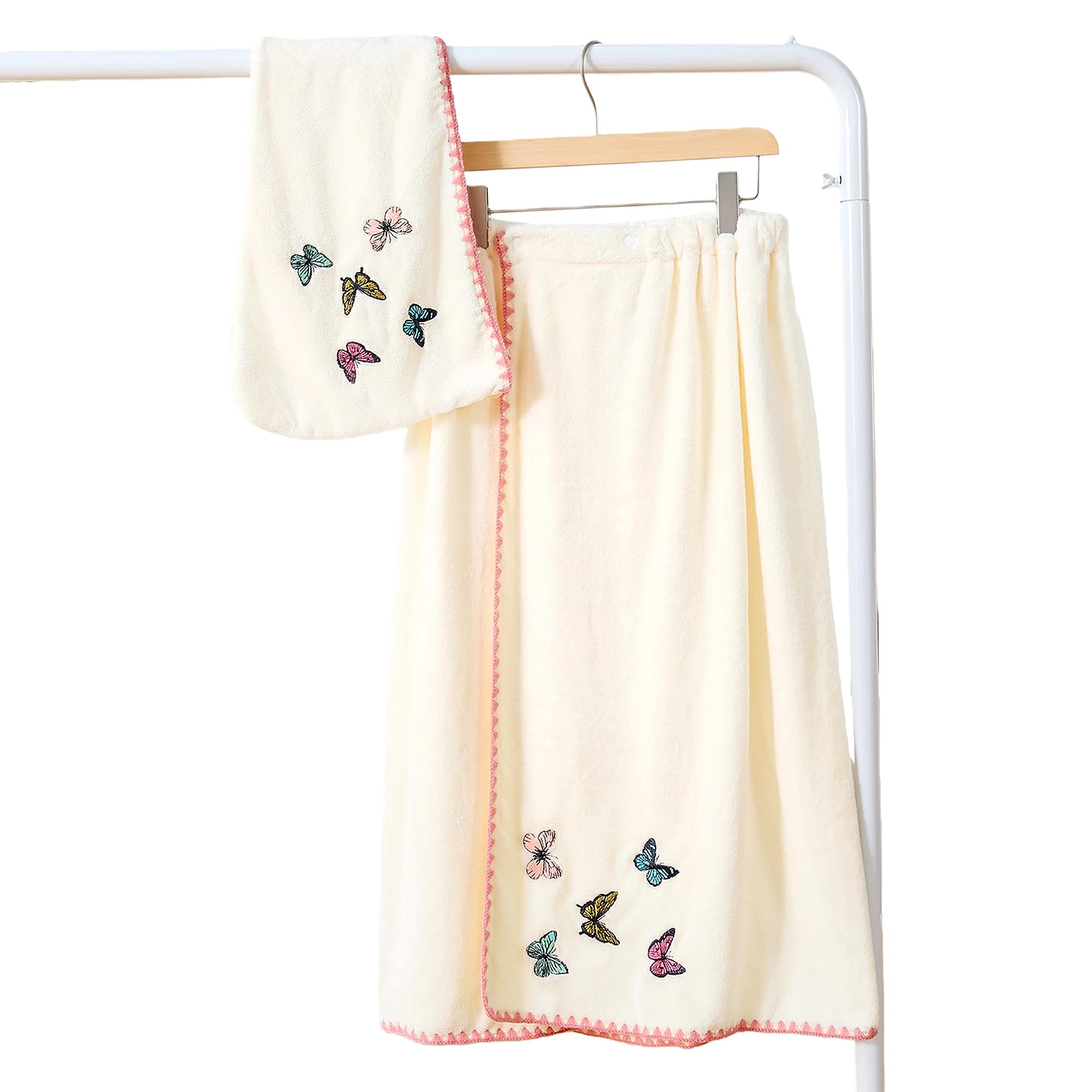 UINSUE 2PCS Hair Drying Cap & Bath Skirt Butterfly Embroidery Coral Fleece Quick Dry Bath Set Soft Spa Wrap for Home Travel Gift Set (Milk White)