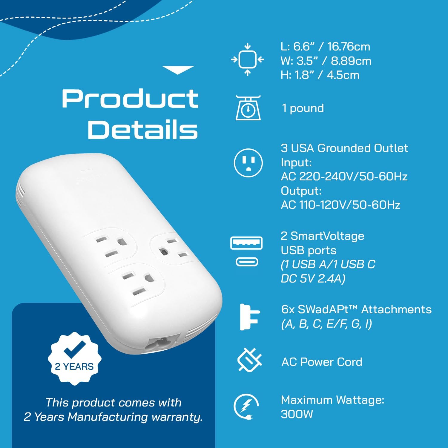 Diagram showing product dimensions, input/output voltage, and included accessories