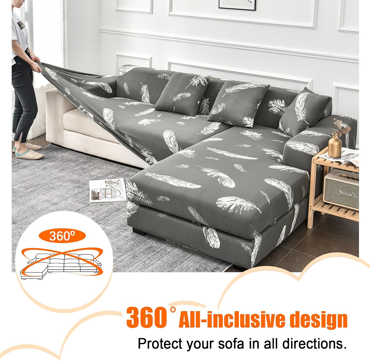 L-Shape Sectional Couch Slipcover, 2PCS Printed High Stretch Sofa Covers with 4 Free Pillow Covers, Elastic L-Type Sofa Cover Furniture Protector for Living Room Kids Dog Cat (Feather Gray, 3+3 Seats)