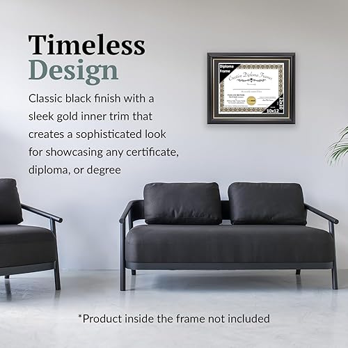 Vista 139 de Creative Picture Frames Marco para diploma Rockefeller de 9 x 12 pulgadas, color negro con borde dorado, muestra un certificado de 9 x 12 pulgadas