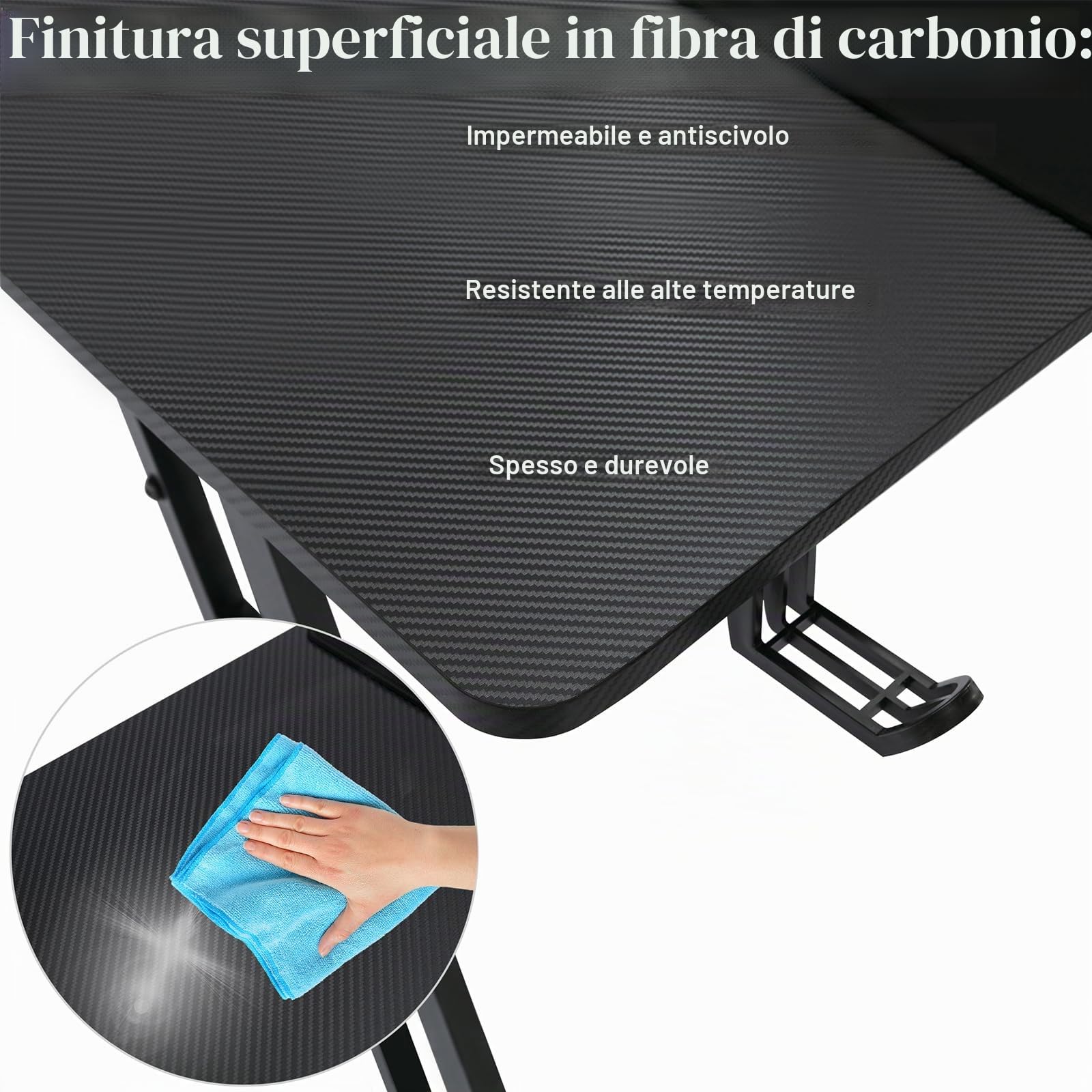 YUENFONG Tavolo da Gaming 140 x 60 cm, Scrivania per PC con Superficie in Fibra di Carbonio, Tavolo da Computer incluso Gancio per Cuffie e Portabicchieri, Nero con LED