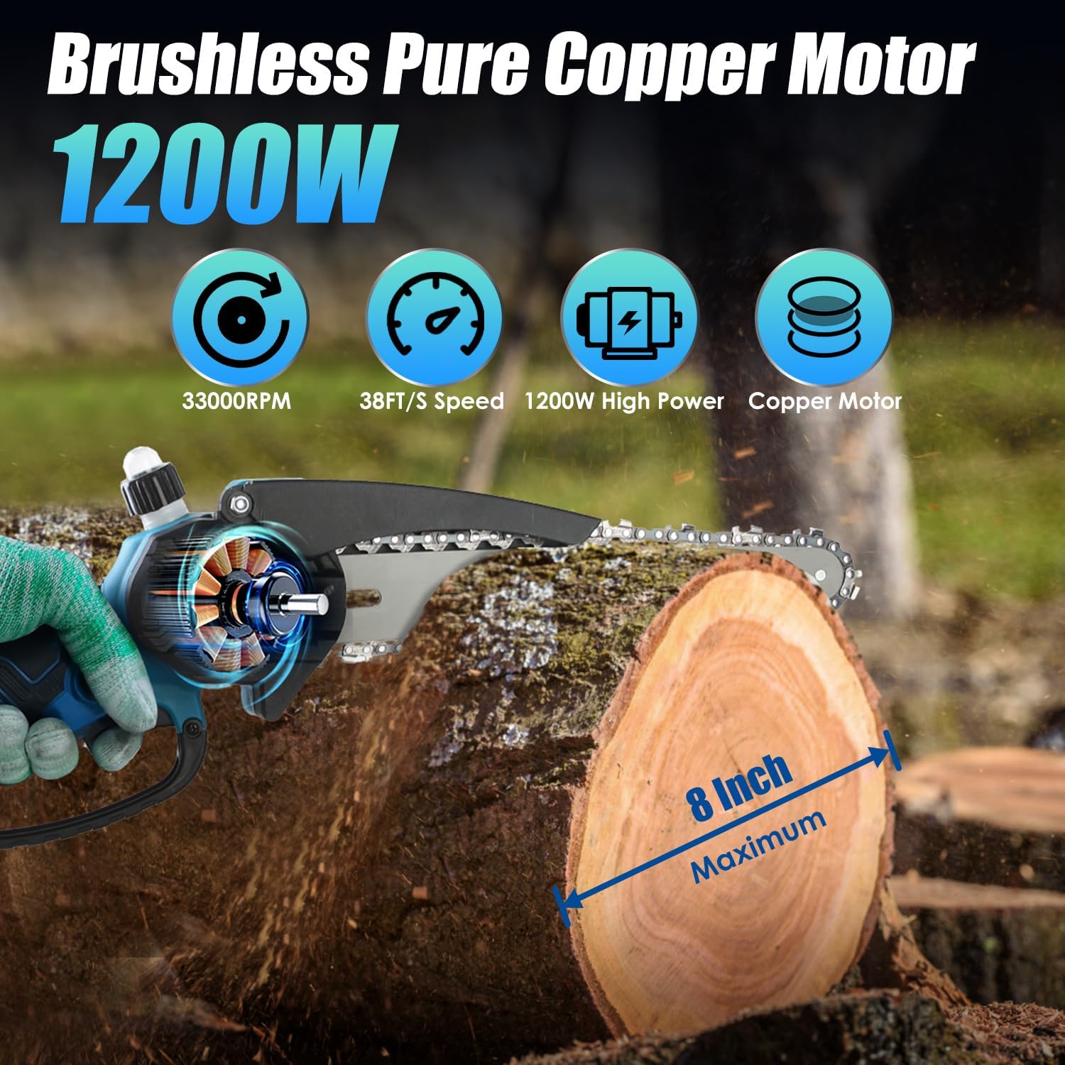 2-IN-1 Cordless Pole Saw 8 Inch, Brushless Mini Chainsaw with Extension Pole, 21V Electric Pole Chainsaw with 2Pcs 3.0A Battery, 38FT/S Speed, 13.7FT Max Reach & Multi-Angle for Tree Branches Trimming