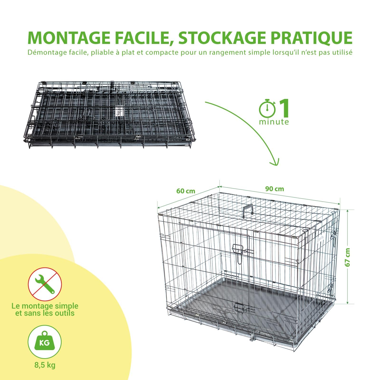 Cage pour Chien FortressooL, Caisse de Transport pour Chien Moyen 90x60x67cm, Pliable, 2 Portes, Plateau Amovible, Utilisation Interieur, Paitsy