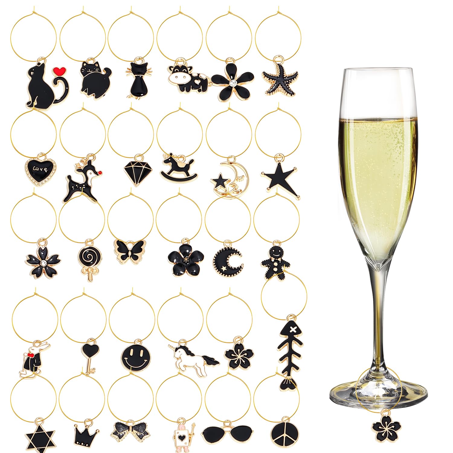 TIHNY 30PCS Glass Charms Rings, Drink Markers for Stem Glasses, Fun Party Decorations, Wine Glass Tags for Cocktails Champagne, Black
