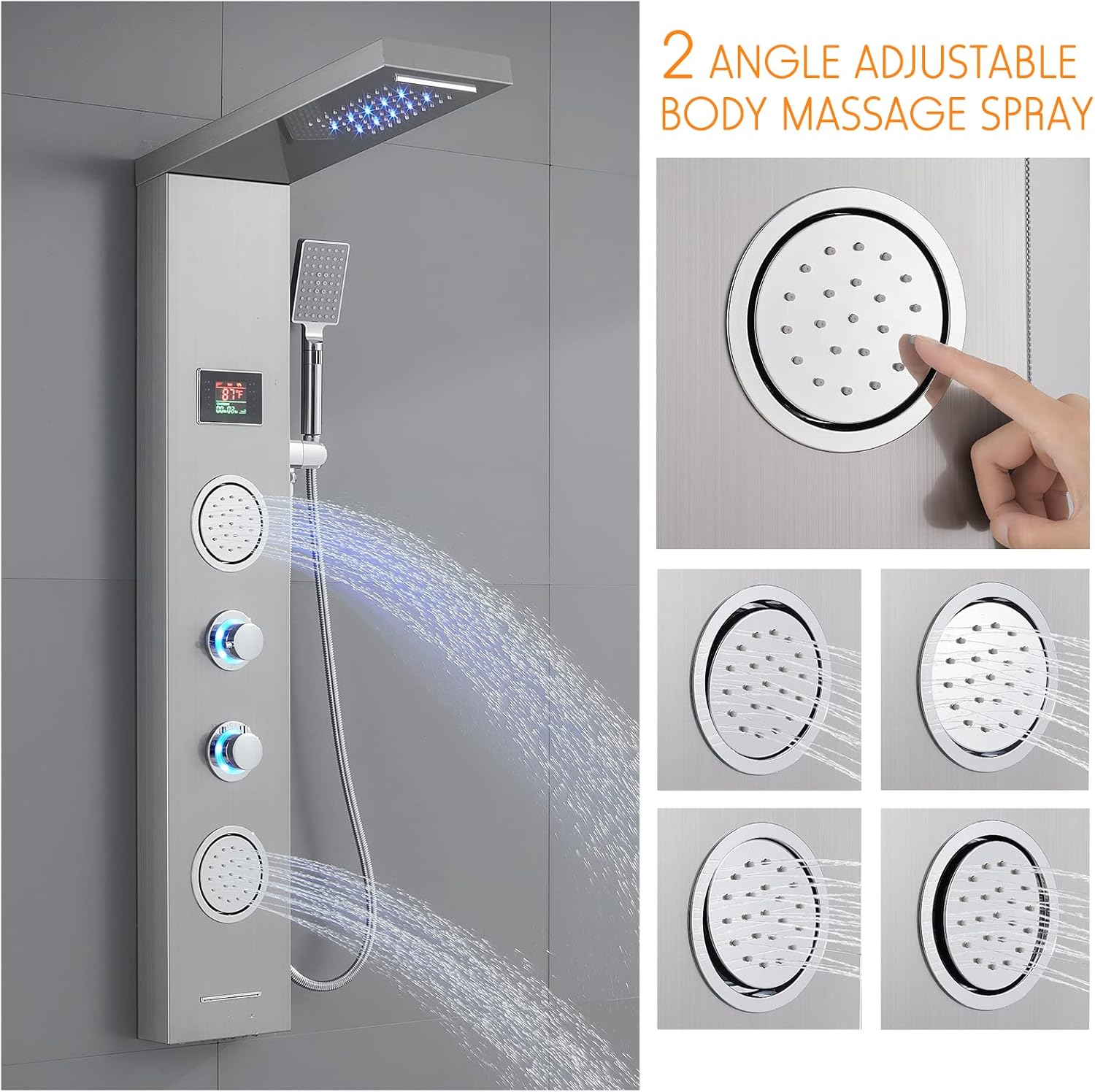 ROVATE Shower Panel Tower System with LED Rainfall Waterfall Shower Head, 5-in-1 LED Stainless Steel Shower Panel System with Body Massage Jets, Handheld Shower and Tub Spout, Brushed Finish