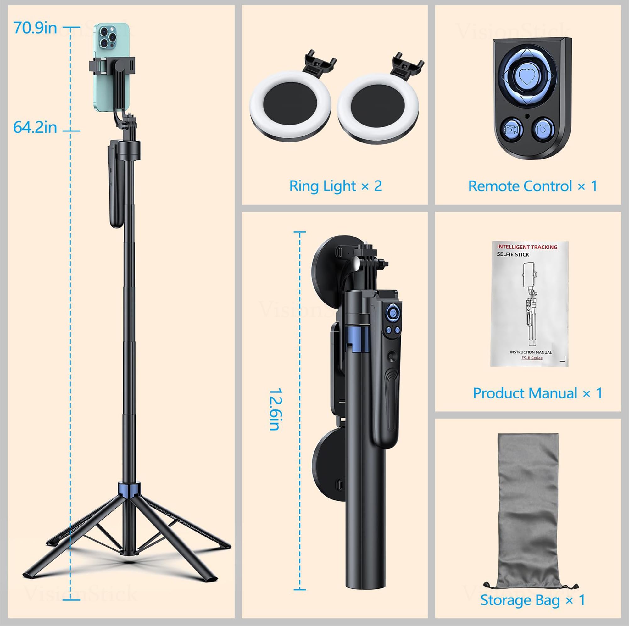 Smart Face Tracking Treppiede Selfie Stick con luce LED, rotazione a 360° 70 pollici Phone Camera Stand con telecomando Bluetooth, perfetto per registrazione video, trasmissione live e contenuti