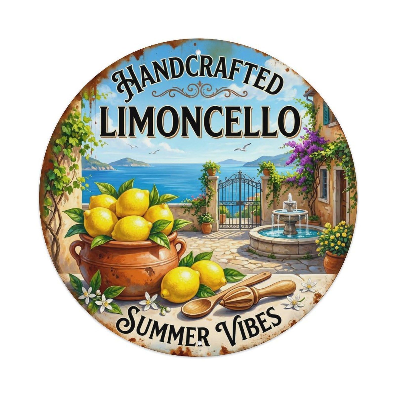 Fqcyn Style Sunshine Limoncello Elixir Metal Tin Sign Plaque Wall Decor For Cafe, Club Bar, Office, Home Garden Round Metal Poster 8X8inch