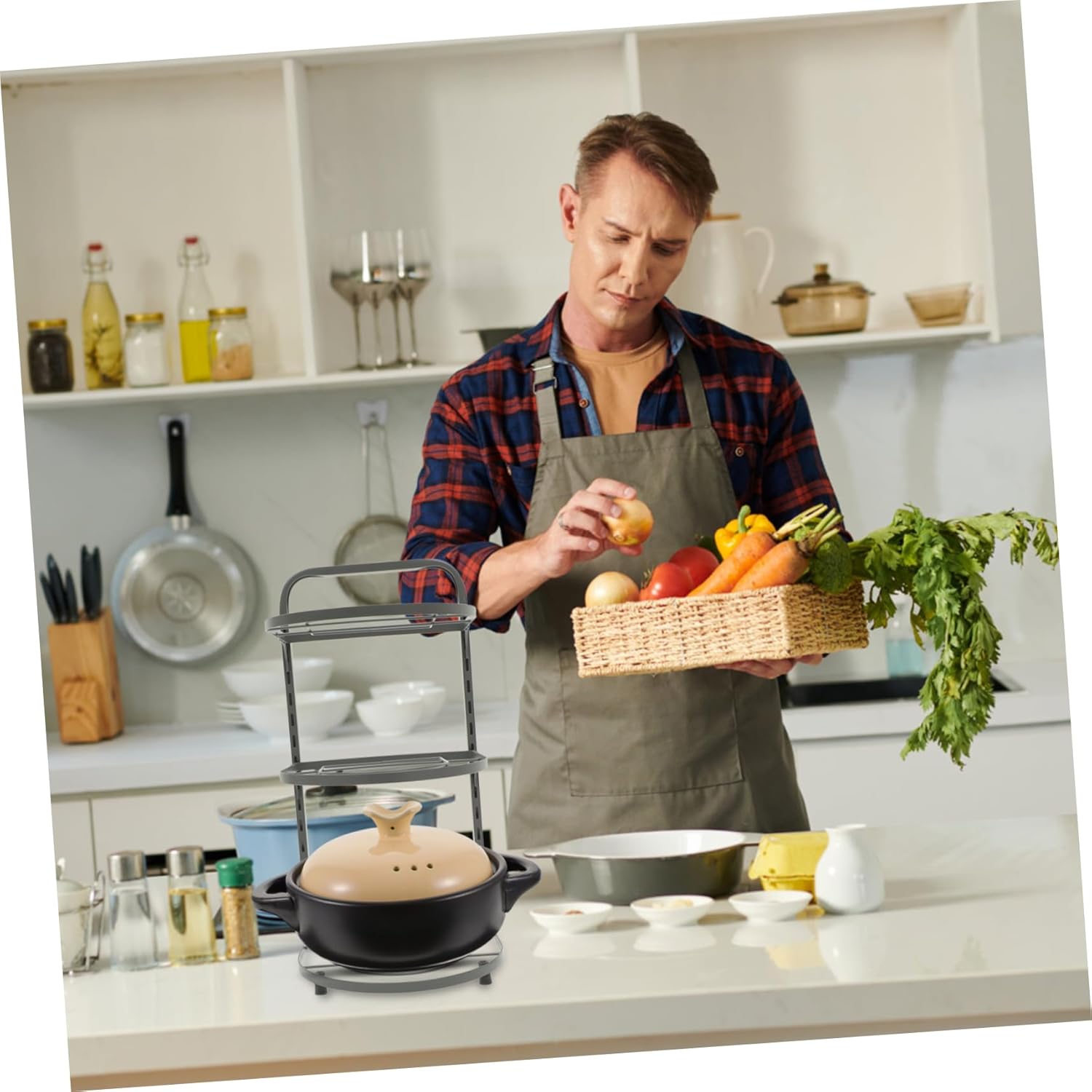 Foldable Multi Pot Rack Kitchen Pan Organizer for Cabinet Countertop Space-saving Storage for Pots Pans Spice Bottles Design