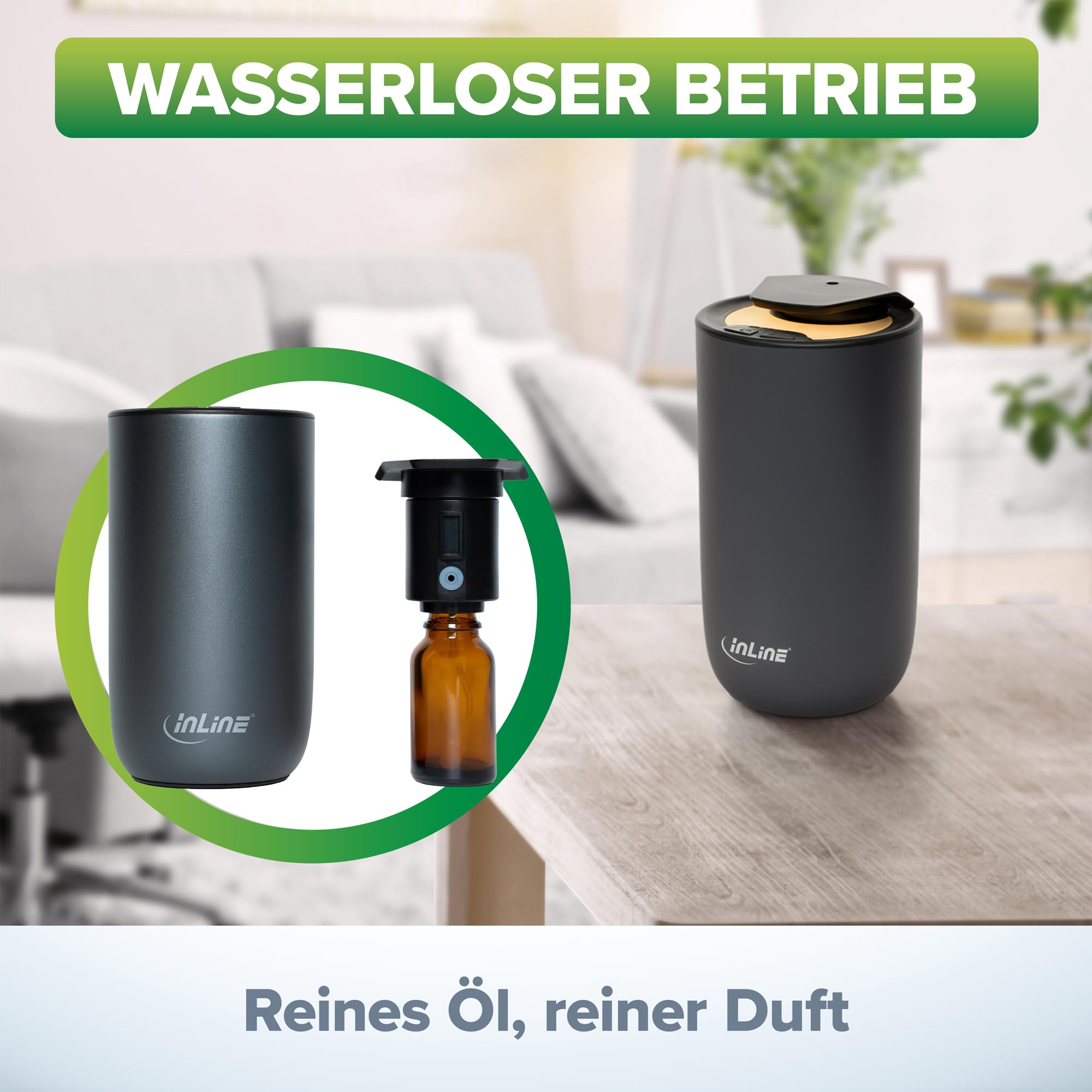 Inline Aroma Diffuser für Auto & Zuhause, wasserlos, mit Ambientelicht, Akku, Aluminiumgehäuse, titangrau, für ätherische Öle, Lufterfrischer, 40141, Anthrazit