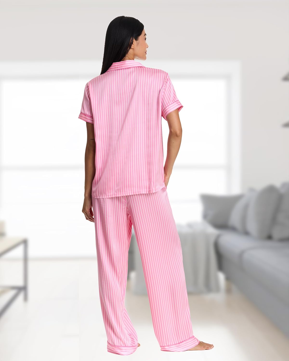 bebe Women's Silky Satin Pajama Set, Button Down Short Sleeve Sleepwear Valentines Gifts for Her - Image 3