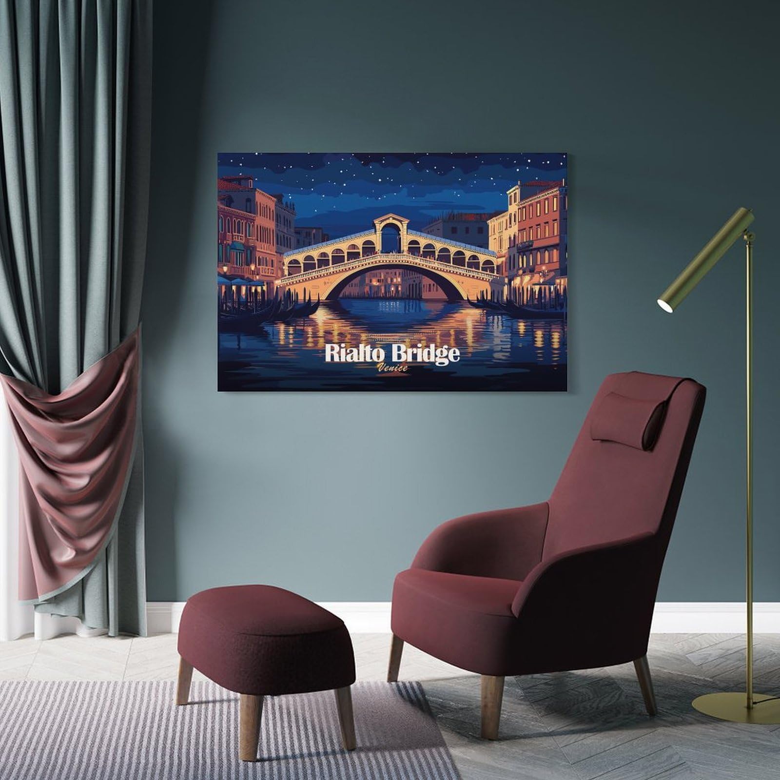 Junmoney Frame-Style-19-1 Home Decor Wall Art Rialto Bridge Venice Night Illustration, 24X36inch(60X90cm), For Bedroom Decor, Cosy Corners Or Studios, Decorative Wall Art For Cosy Rooms