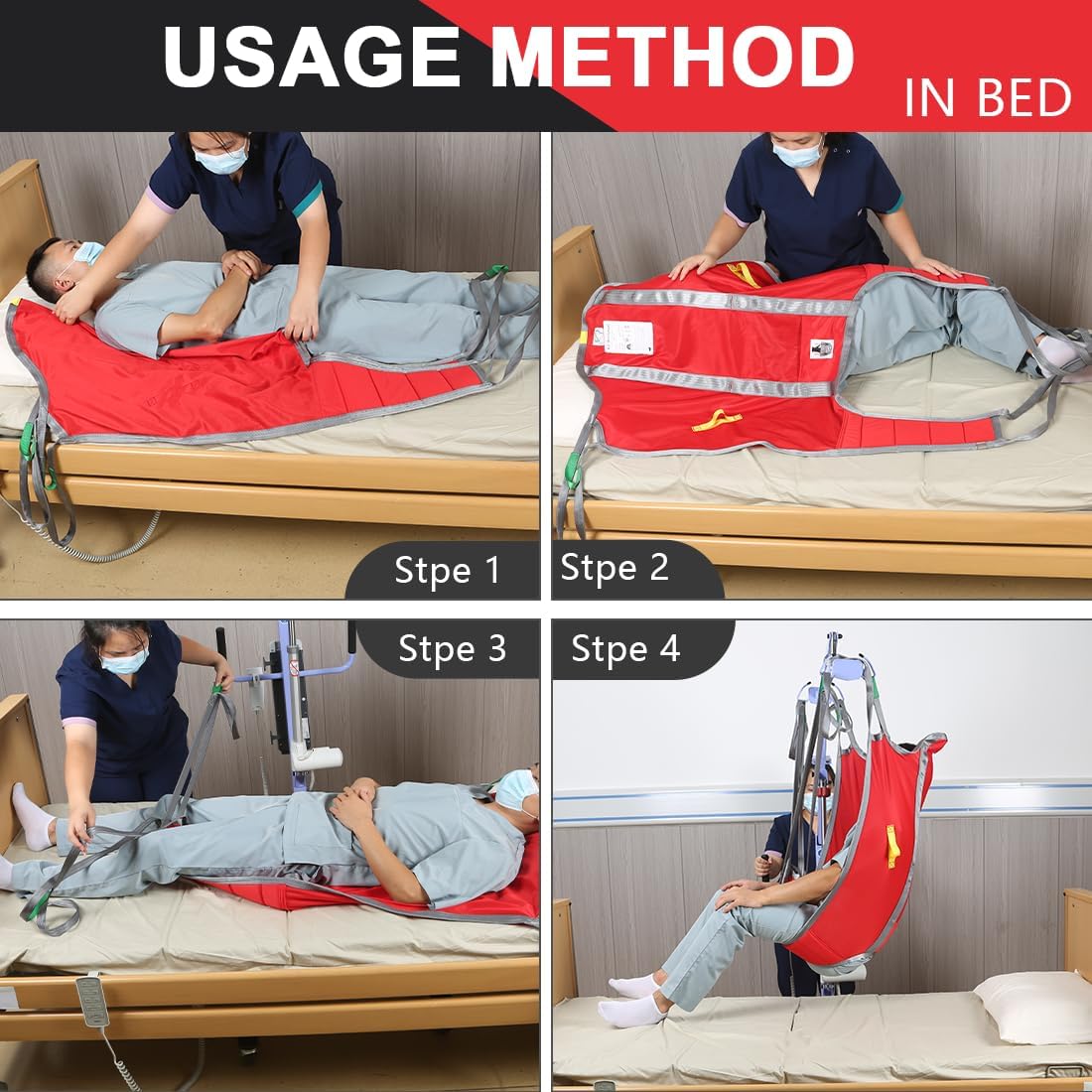 Patient Lift Sling with Divided Leg and High Back (Red, L)-500lb Capacity Medical Transfer Sling for Elderly & Disabled