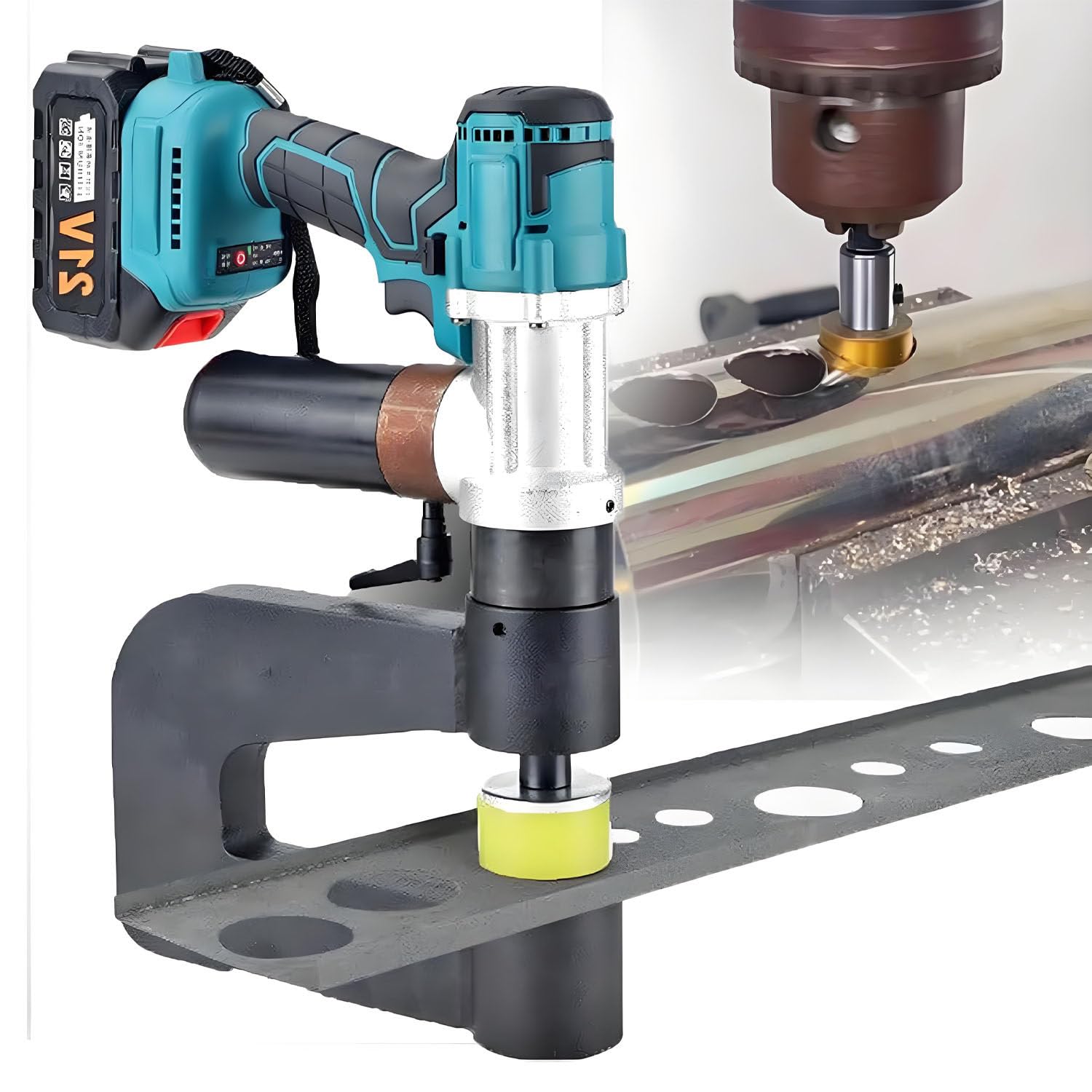 GLBMXDD Portable High-Speed Punching Hydraulic Tools,with 2 Rechargeable Batteries and 6 Sets of Molds,Throat Depth 150mm,One-Button Start,Punching Diameter 16-32mm
