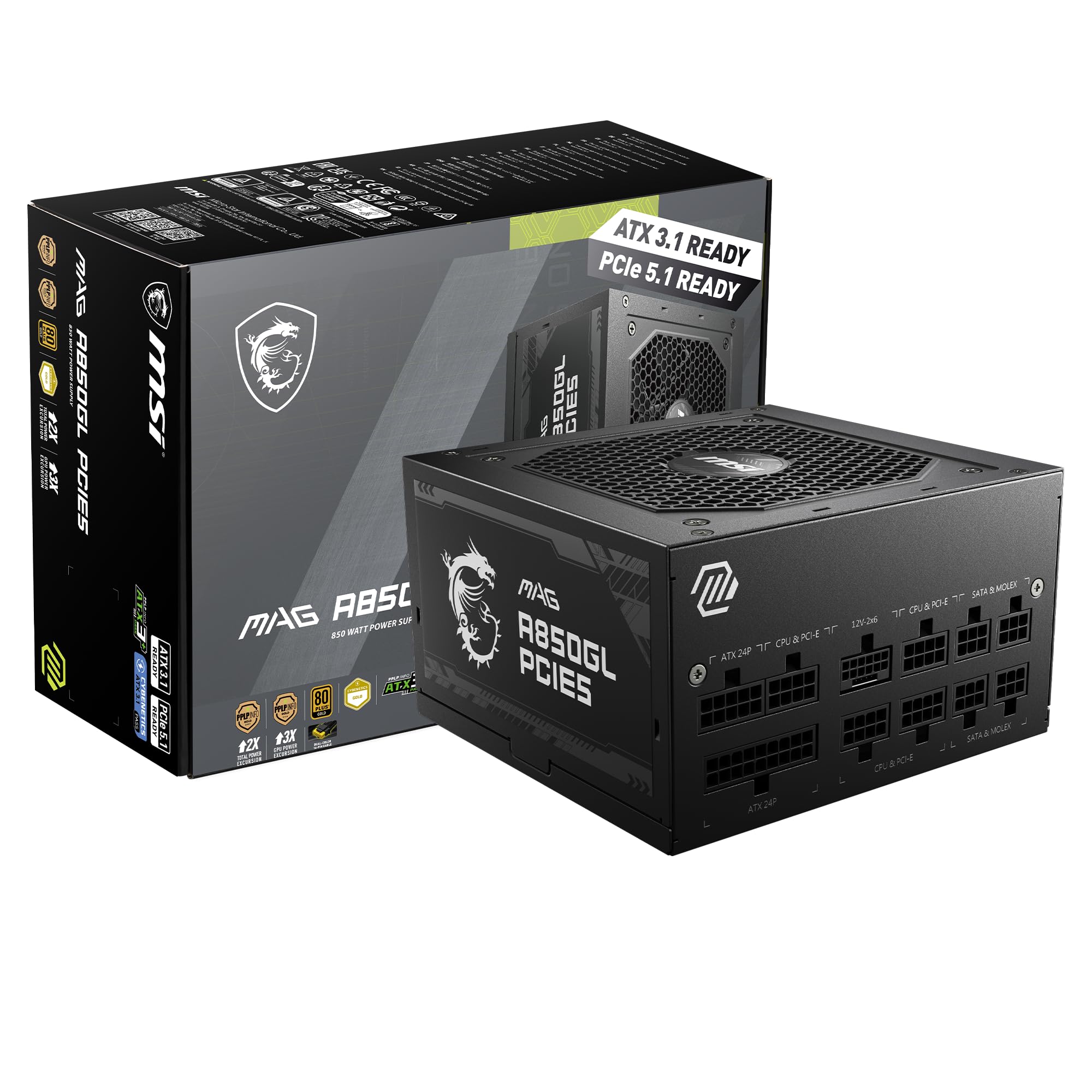 MSI MAG A850GL PCIE5 PC電源ユニット 850W ATX3.1/PCIe 5.1対応 80PLUS GOLD認証 フルモジュラー 7年保証 PS1327 - 1