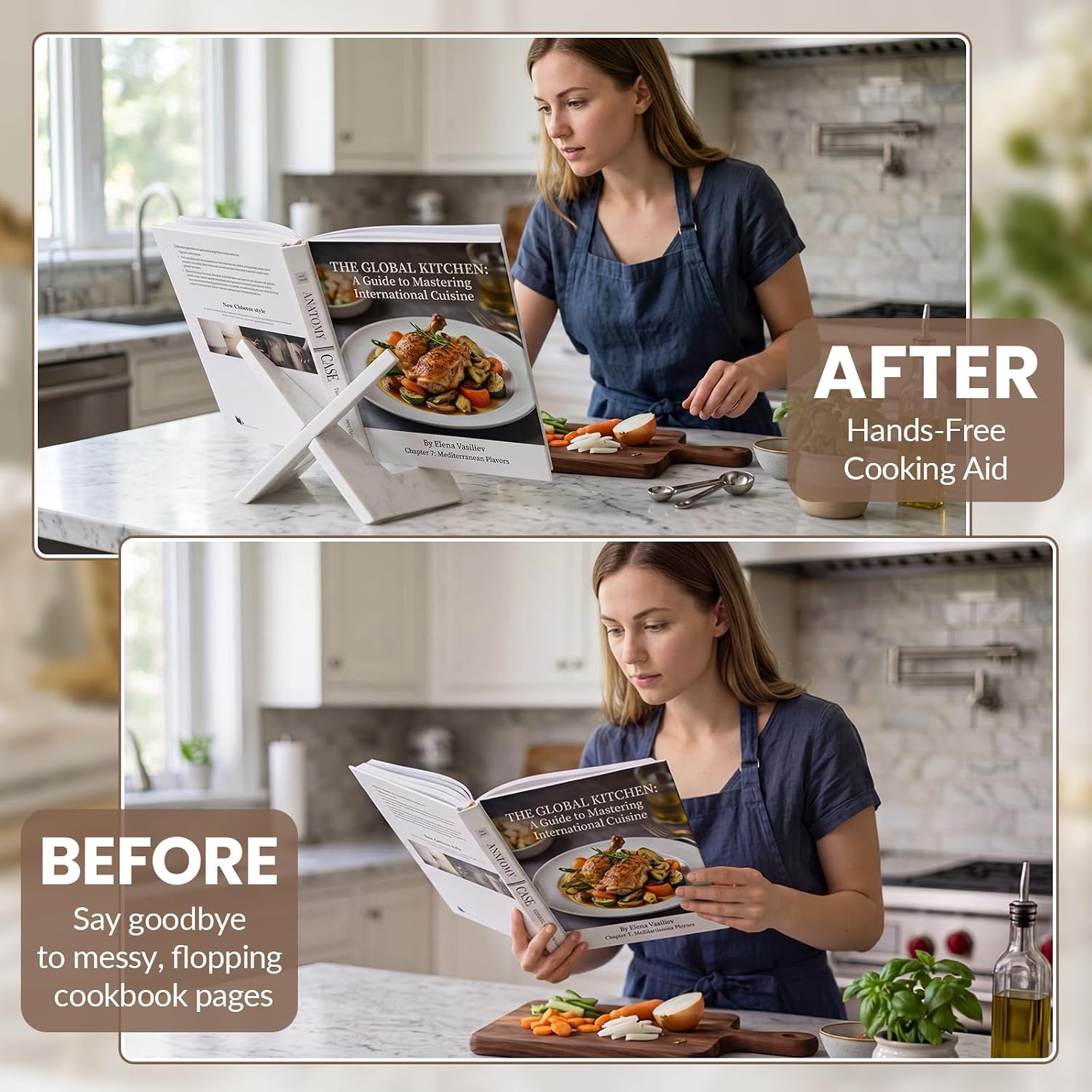 Domensi Marble Cookbook Stand White Recipe Book Holder for Kitchen