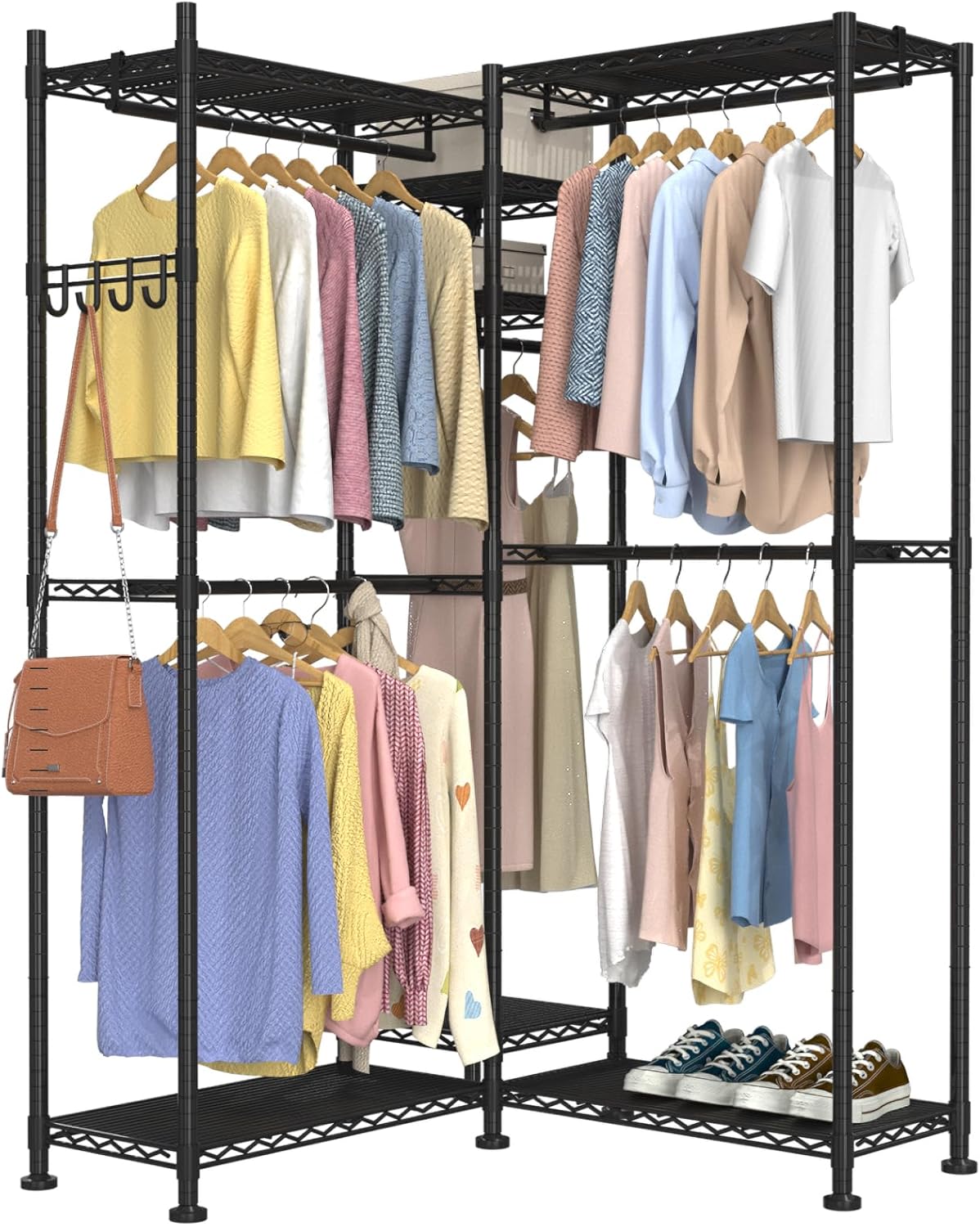 Heavy Duty Clothes Rack, L Shaped Garment Rack for Corner, Metal Freestanding Clothing Rack, Adjustable Wardrobe Closet with 5 Hang Rods & 7 Shelves, 69.7" L x 13.4" W x 76.8" H, Black